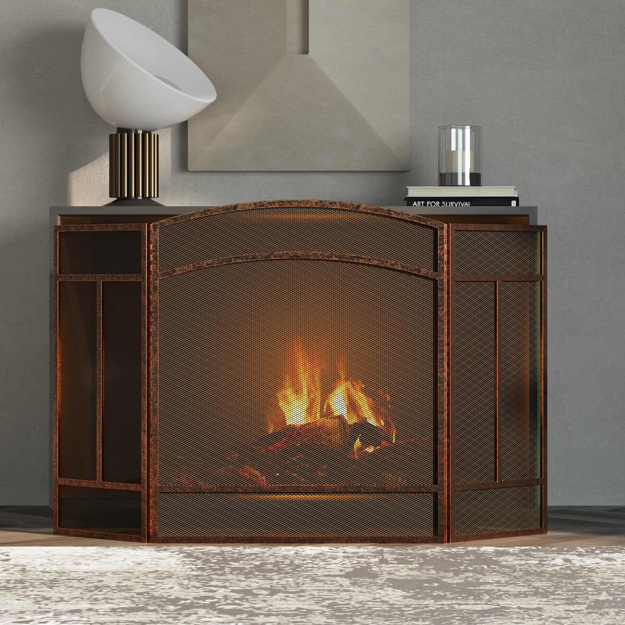 Fire Beauty Fireplace Screen 3 Panel Wrought Iron 48''(L) X 29''(H) Spark Guard Cover(Brushed Copper)
