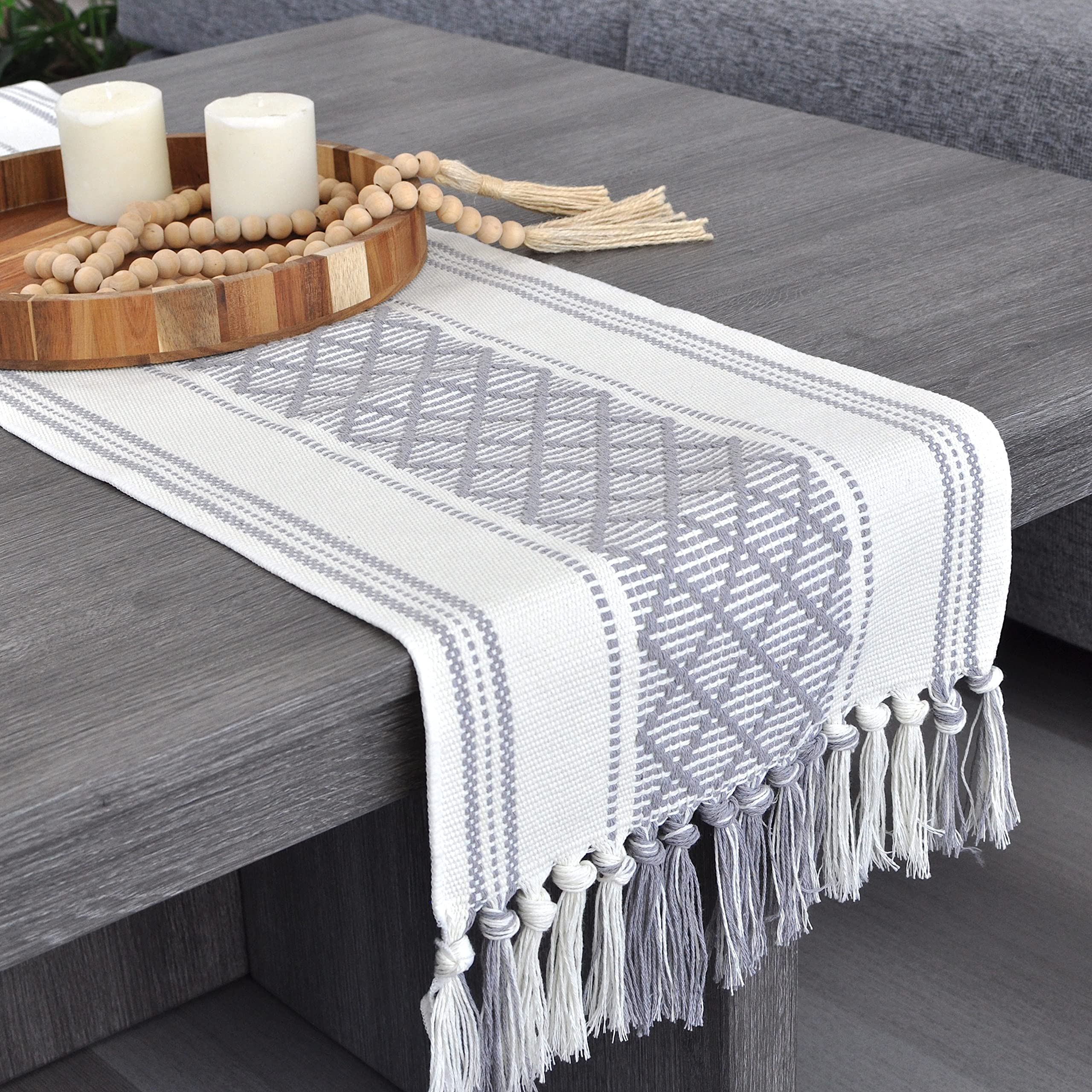 Oveesha Boho Table Runner With Tassel 14 X 72 Inches, Grey & Cream, Woven Washable Dresser Scarf And Topper For Bedroom, Farmhou