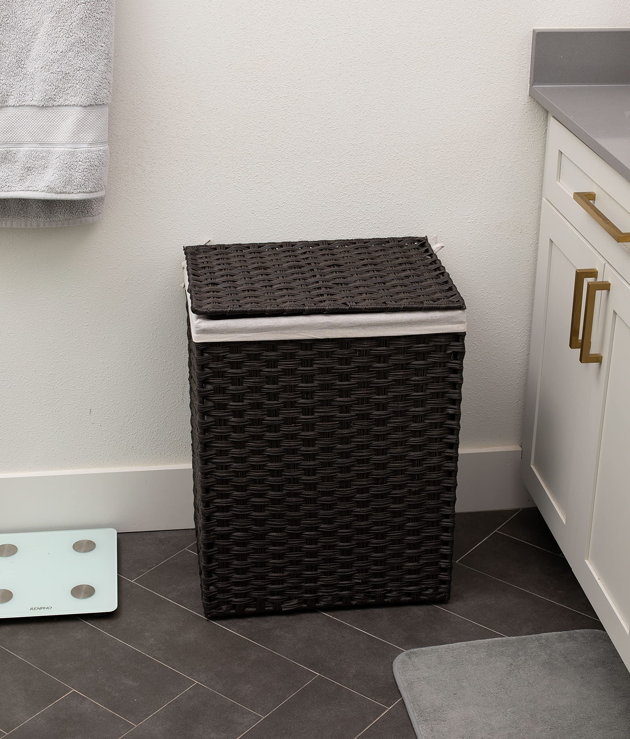 Single Laundry Hamper With Lid | Removable Liner Bag | Hand Woven | Compact Collapsible Clothes Basket | Synthetic Rattan
