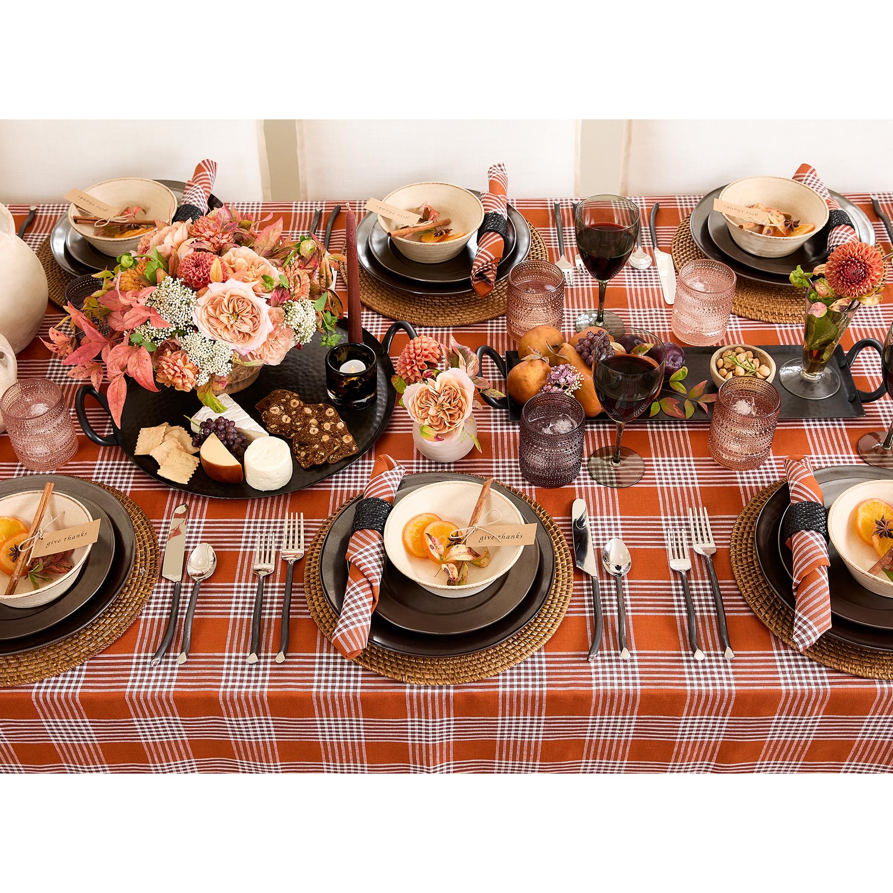 Solino Home Linen Square Plaid Placemats Set Of 4 - 100% Pure Linen Nutmeg Glen Check Cloth Placemats 14 X 14 Inch - Washable Fa