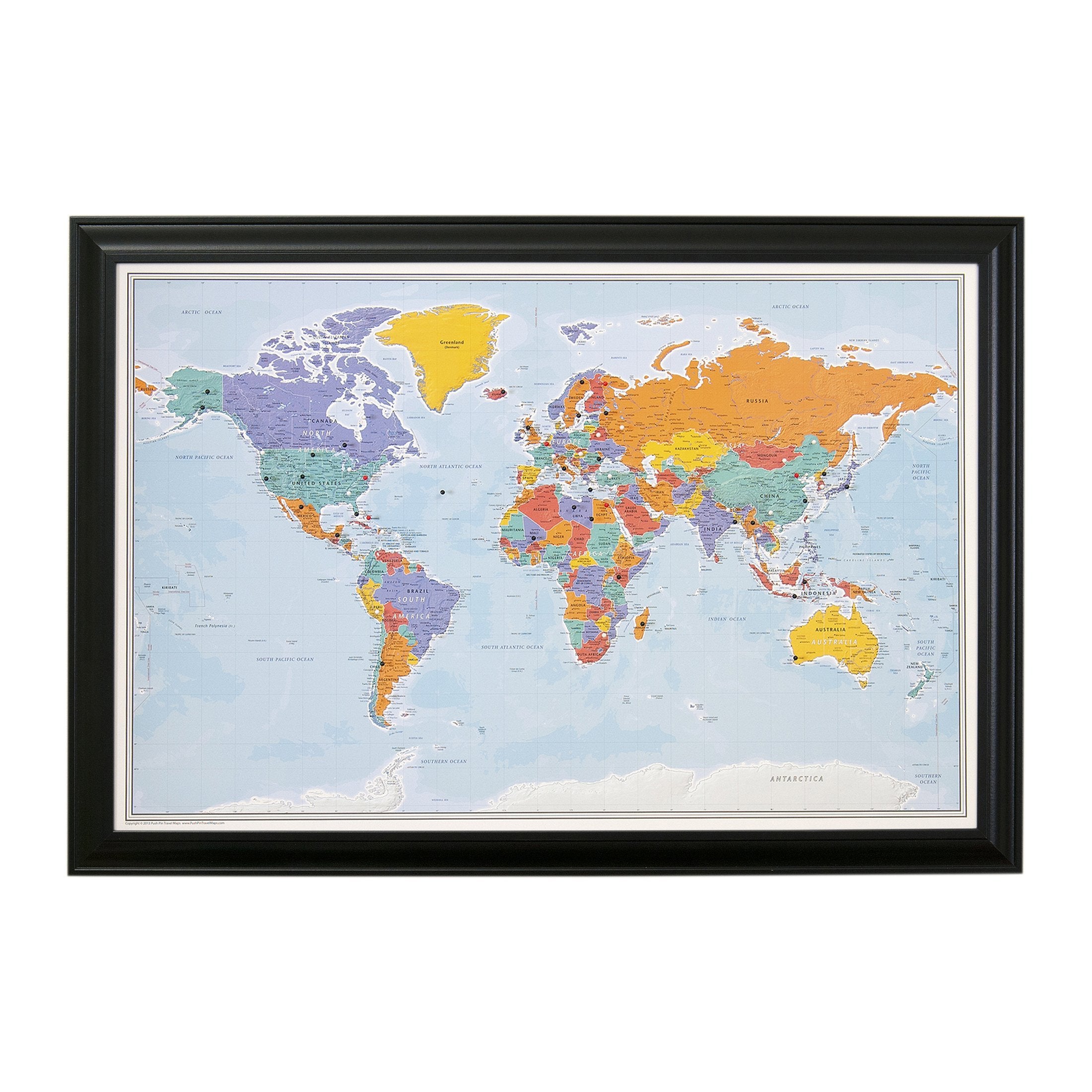 Push Pin Travel Maps - Blue Oceans World Push Pin Travel Map With Black Frame- 27.5'' X 39.5'' - 8 Handcrafted Frame Options - M