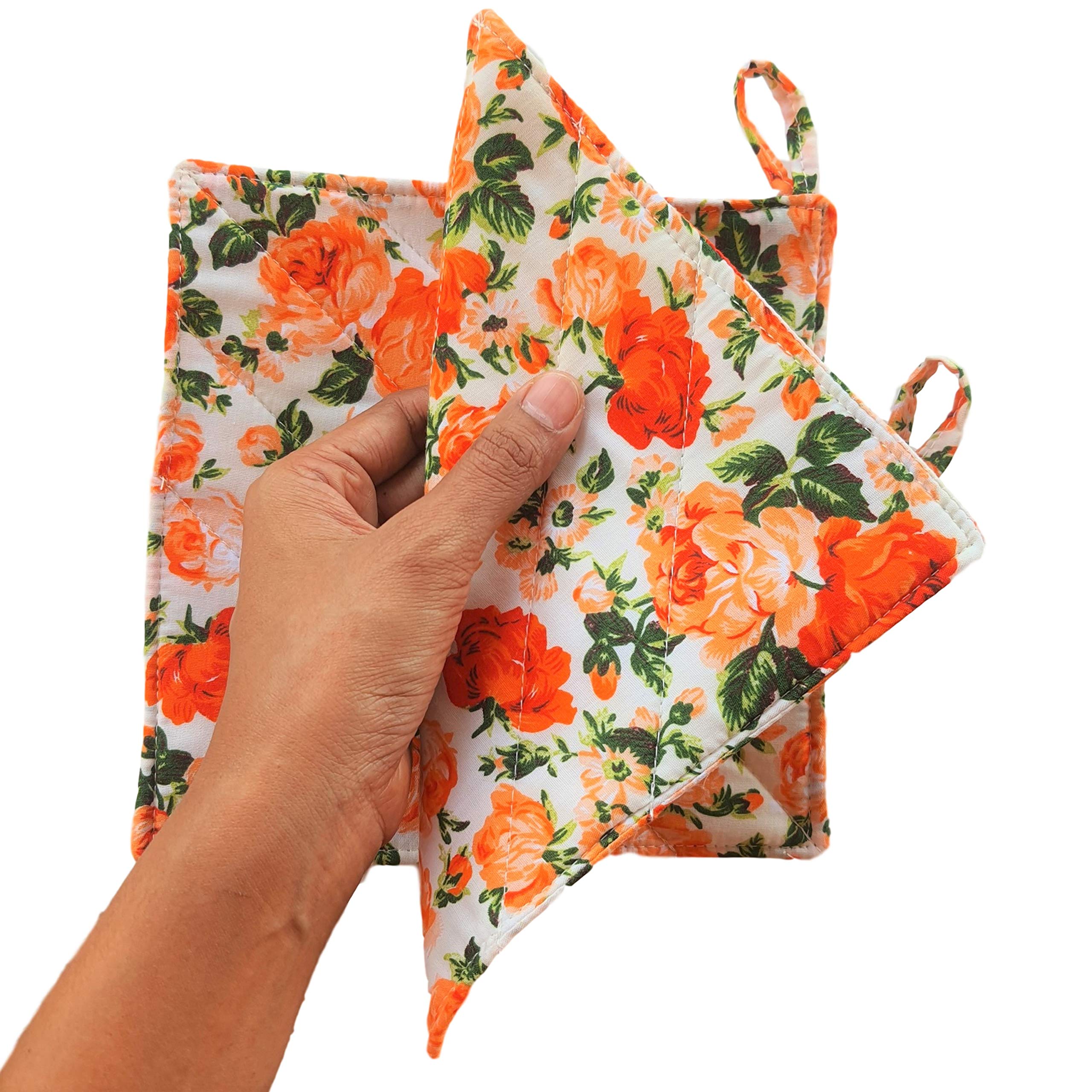 Cushystore Floral Blossom Garden Flower Pot Holder Oven Pads Potholders For Cooking Kitchen 7.75'', 2 Pack (Orange)