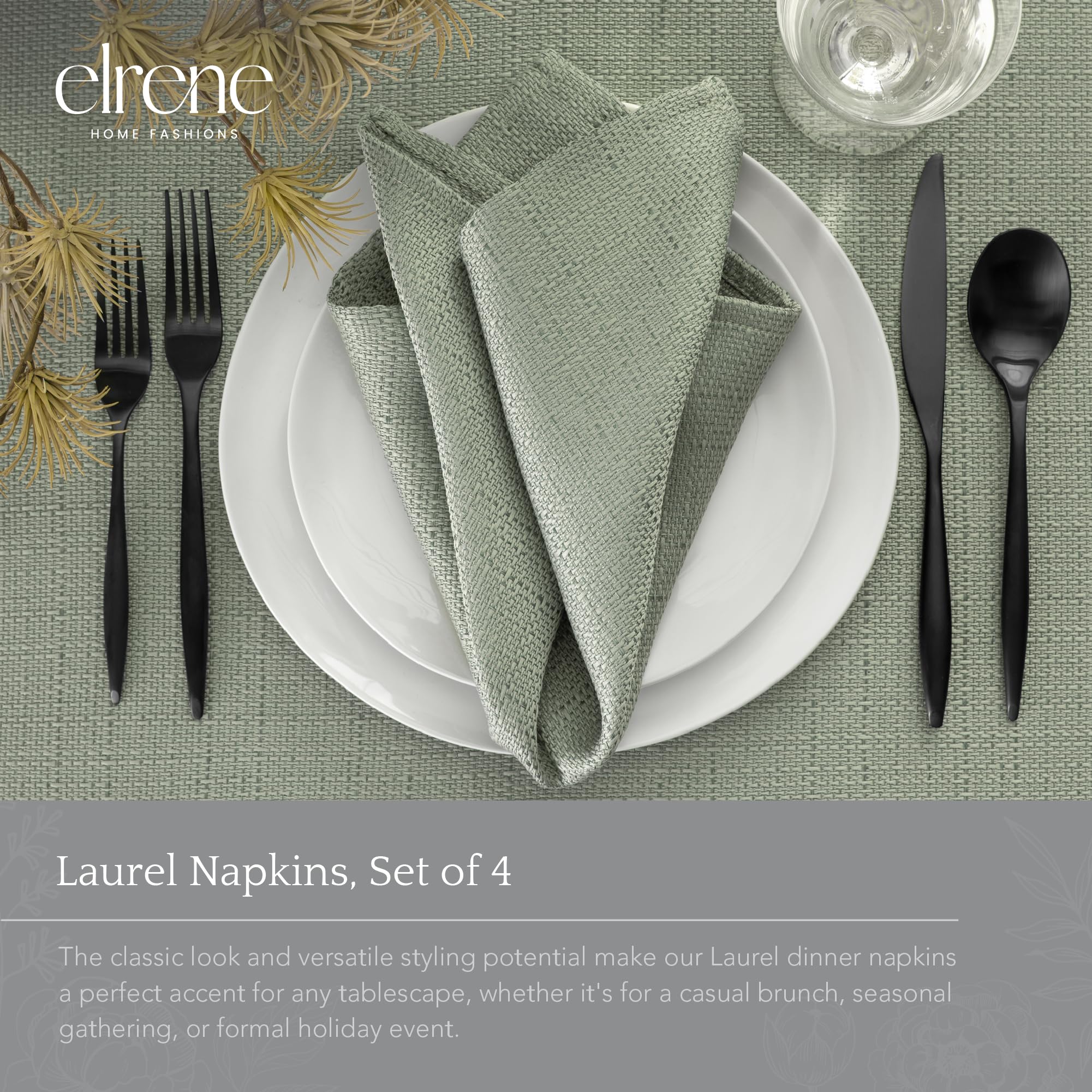 Elrene Home Fashions Laurel Solid Texture Water And Stain Resistant Fabric Dining Napkins, Set Of 4, 17''X17'', Sage