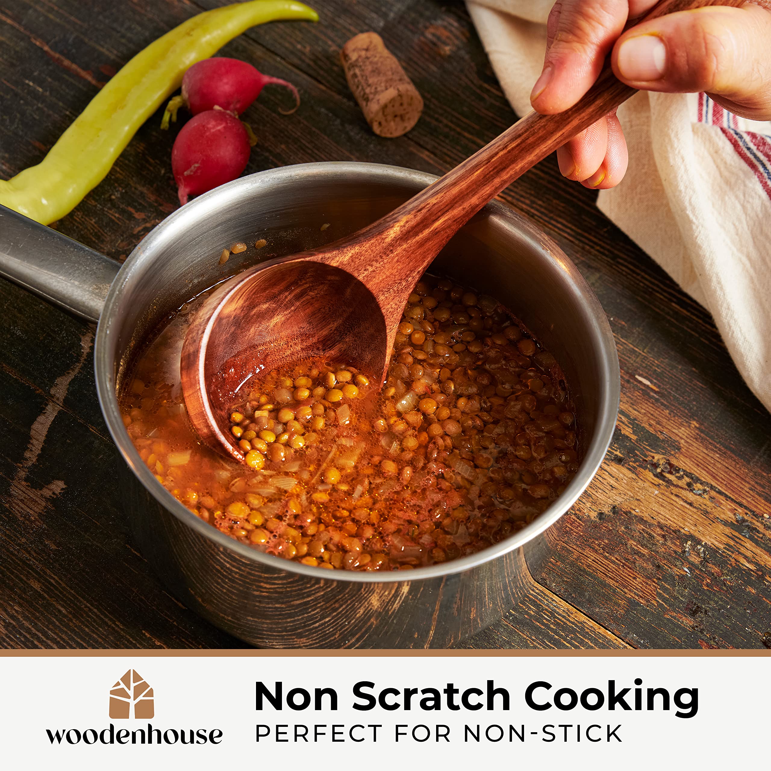 WOODENHOUSE Teak Wooden Ladle - 12.4" Cooking Spoon, 2 oz Medium Scoop, Eco-Friendly Natural Color