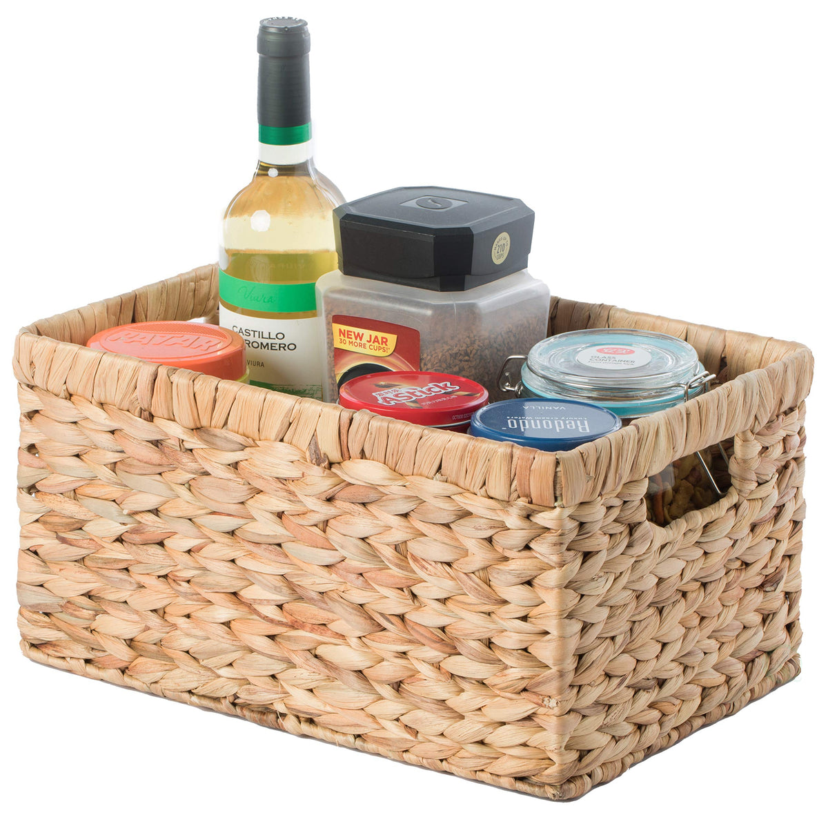 Natural Woven Water Hyacinth Wicker Rectangular Storage Bin Basket With Handles, Medium