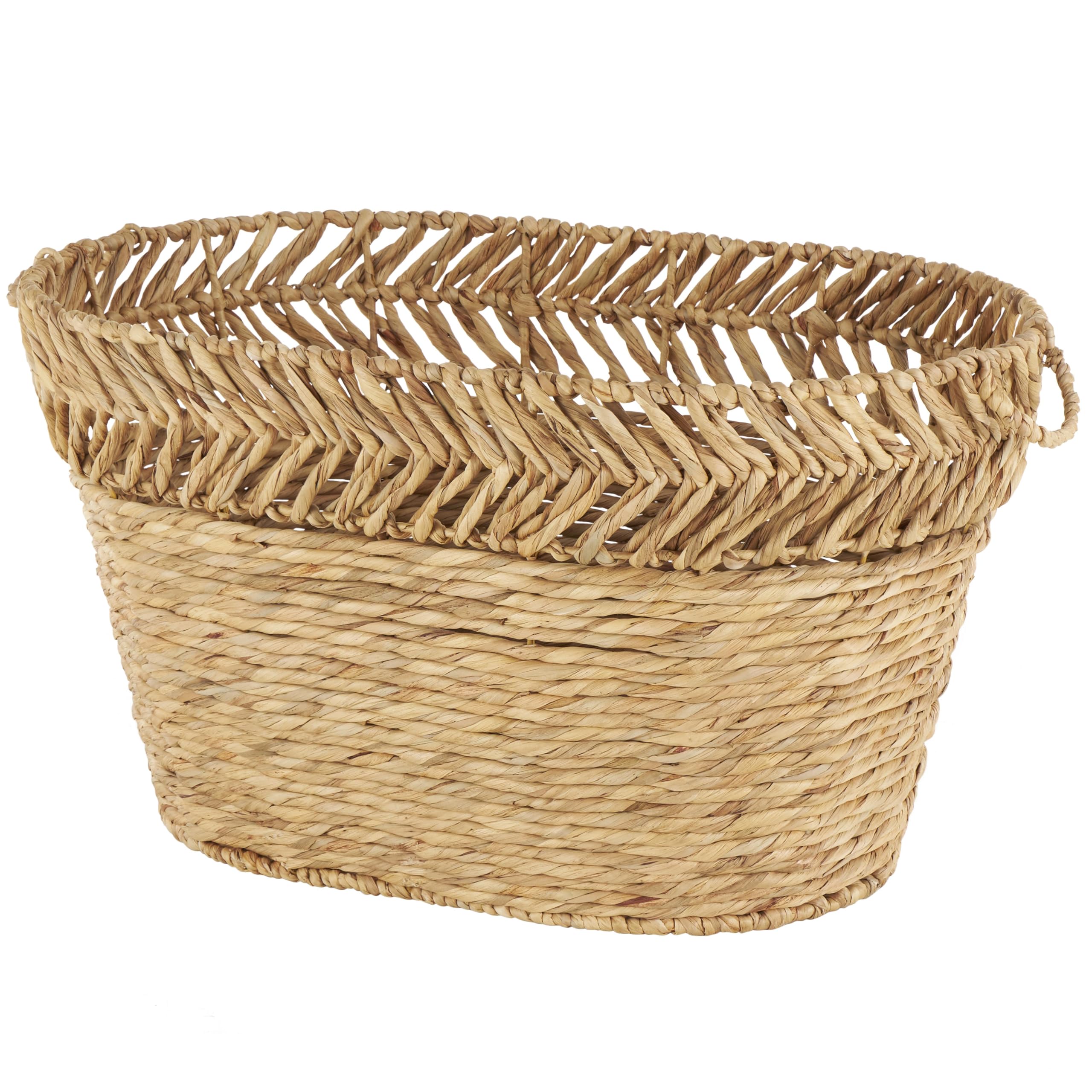 Deco 79 Seagrass Handmade Decorative and Functional Storage Basket Large Woven Oval Basket Organizer with Zig Zag Patterned Rim,