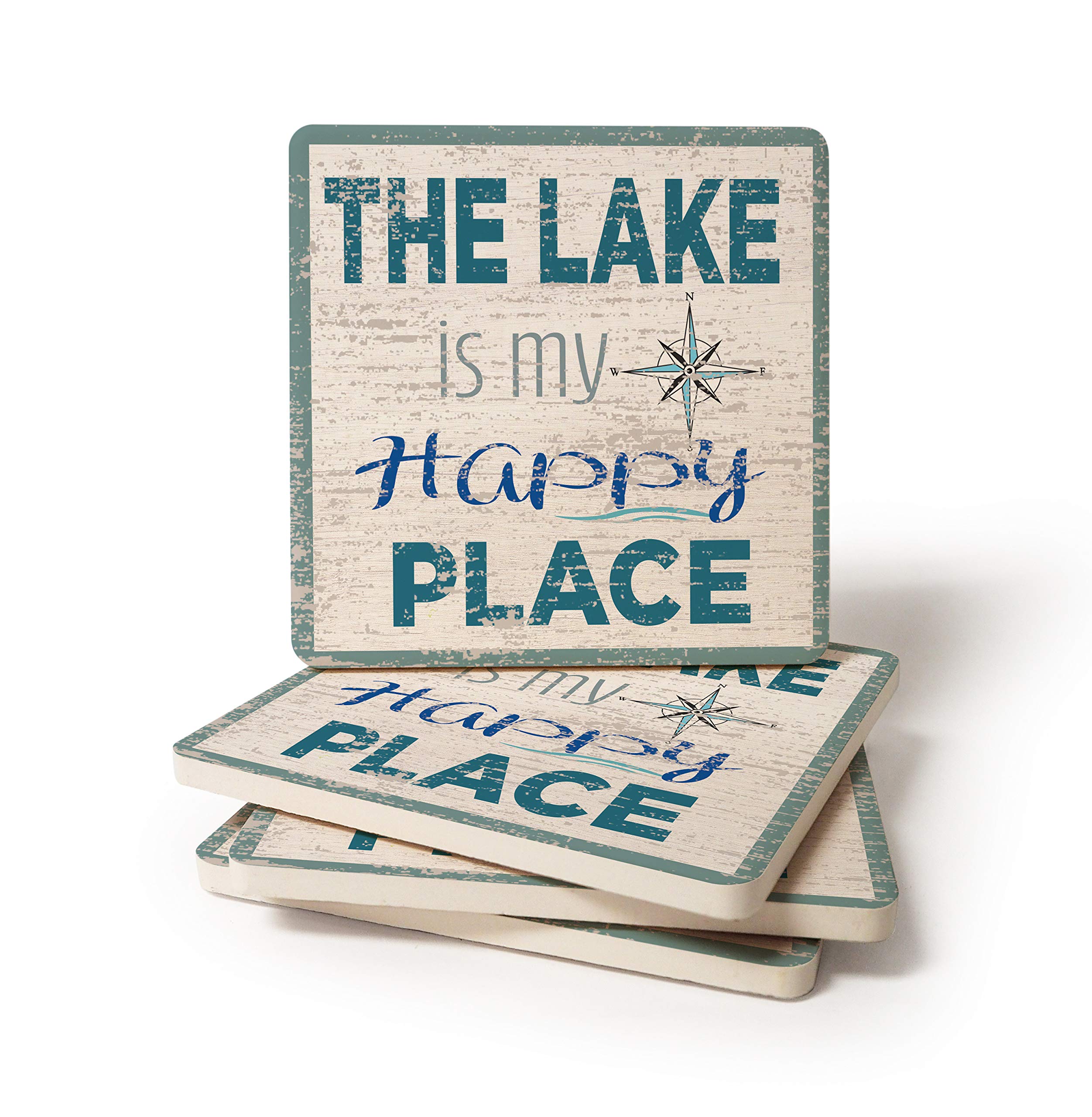 Coasterstone Lake Is My Happy Place Stone Coaster, 4.25 Inches Wide, Set Of Four