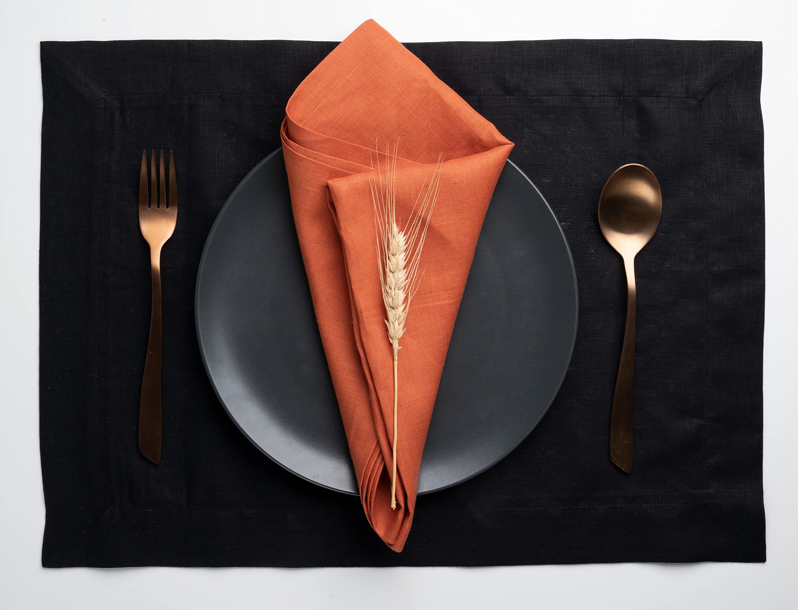D'Moksha Homes Black Linen Placemats With Pumpkin Trim, Set Of 4-14 X 19 Inch, 100% Pure Linen Fabric Placemats Black & Pumpkin,