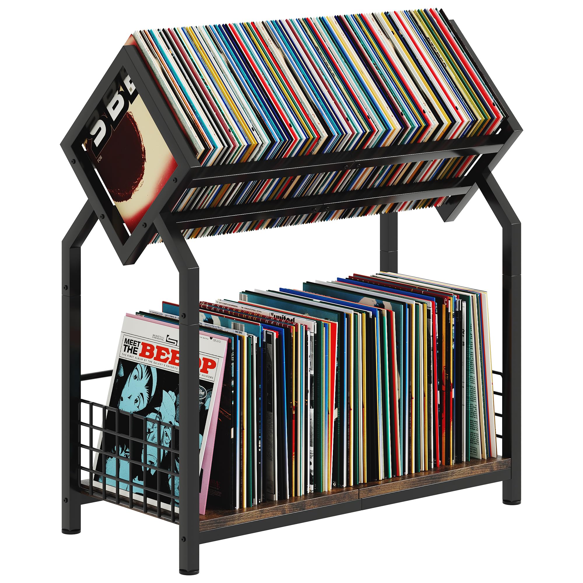 2-Tier Vinyl Record Storage Holder with Dividers, 24.4W Vinyl Record Display, 300 LPs Vinyl Record Storage Rack, Suitable for 