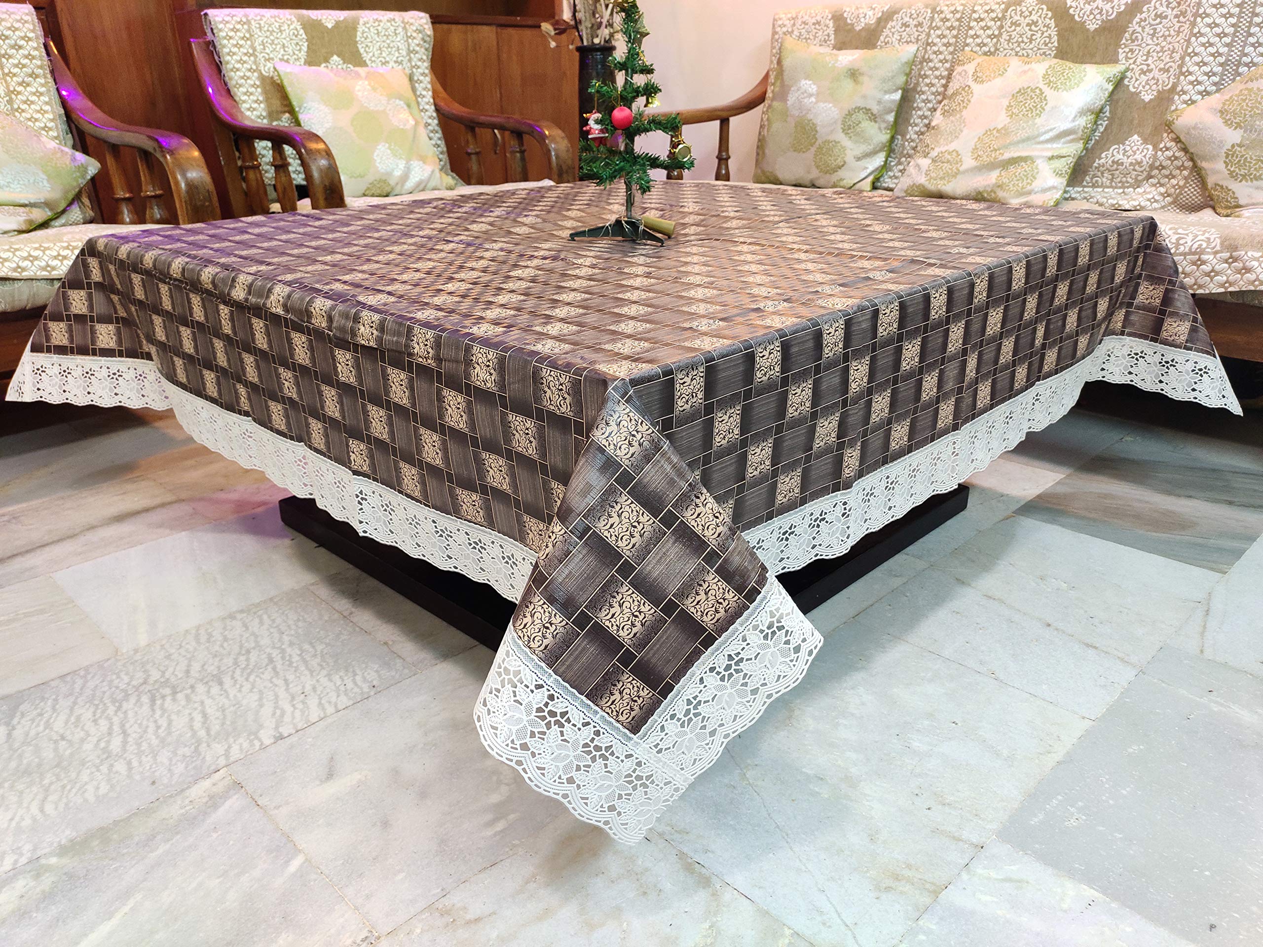 MONKDECOR Brown Check Design PVC Printed 8 Seater Table Cover Design8 (Size 60x90 inches)