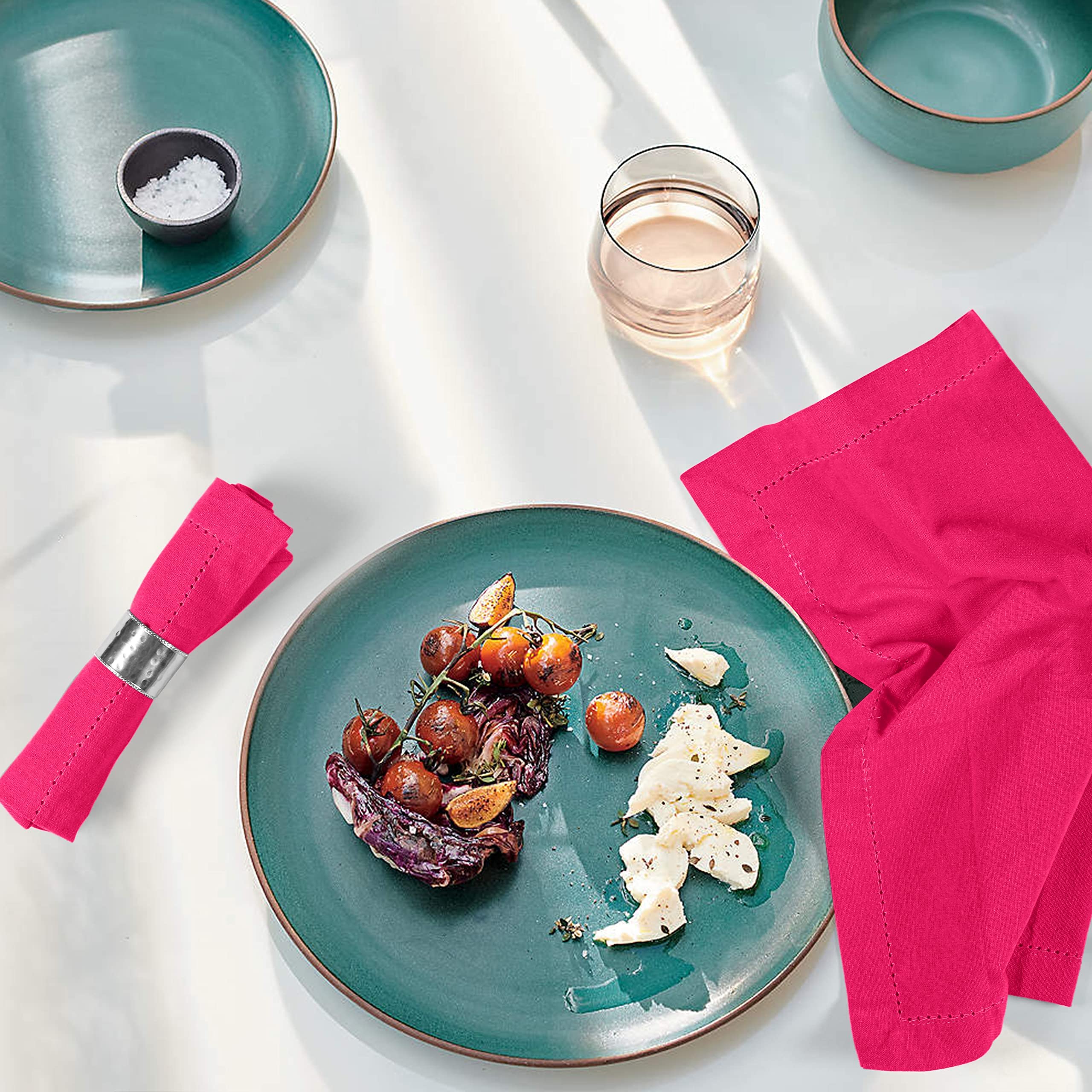 Palisa Cloth Dinner Napkins with Hemstitched Detailing & Mitered Corners Set of 12 (18x18 Inches) Hot Pink - Cotton Reusable Dinner Napkins - Perfect for Weddings & Everyday Use