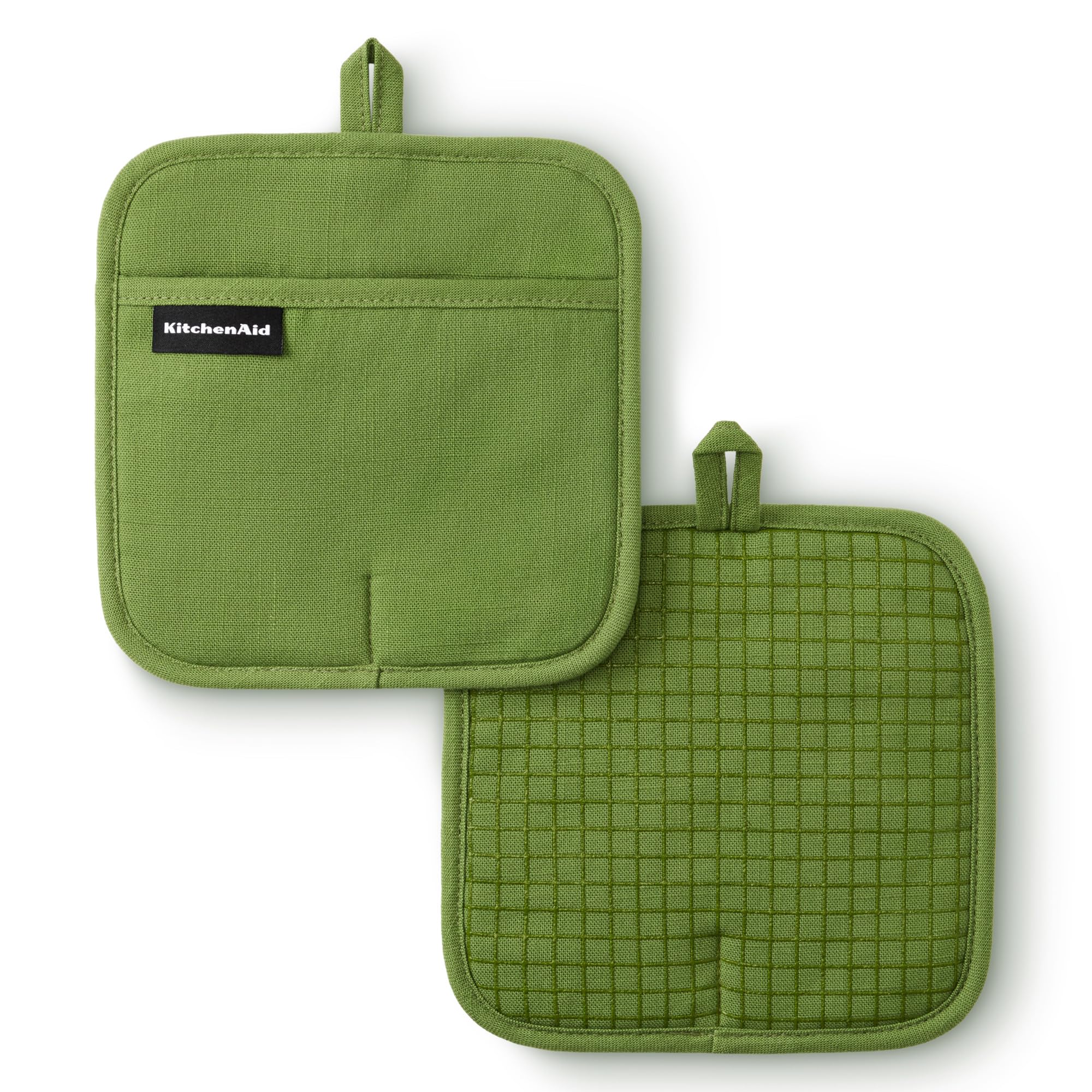 KITCHENAID Gourmet Series Gridlines Pot Holders 2-Pack Set, Heat Resistant up to 600F, Soft Silicone Grip, Magnetic Cuff, Matcha