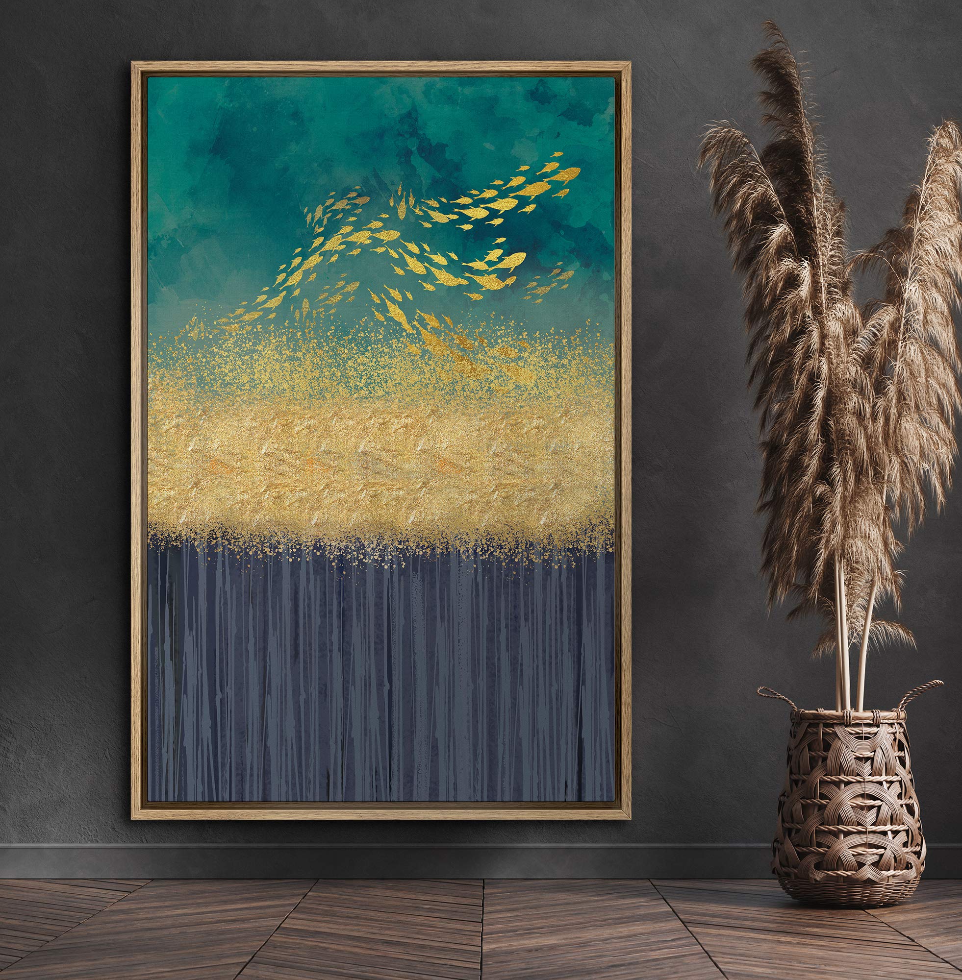 Signford Framed Canvas Print Wall Art Golden Fish Over Dripping Seascape Abstract Wilderness Illustrations Modern Art Contempora