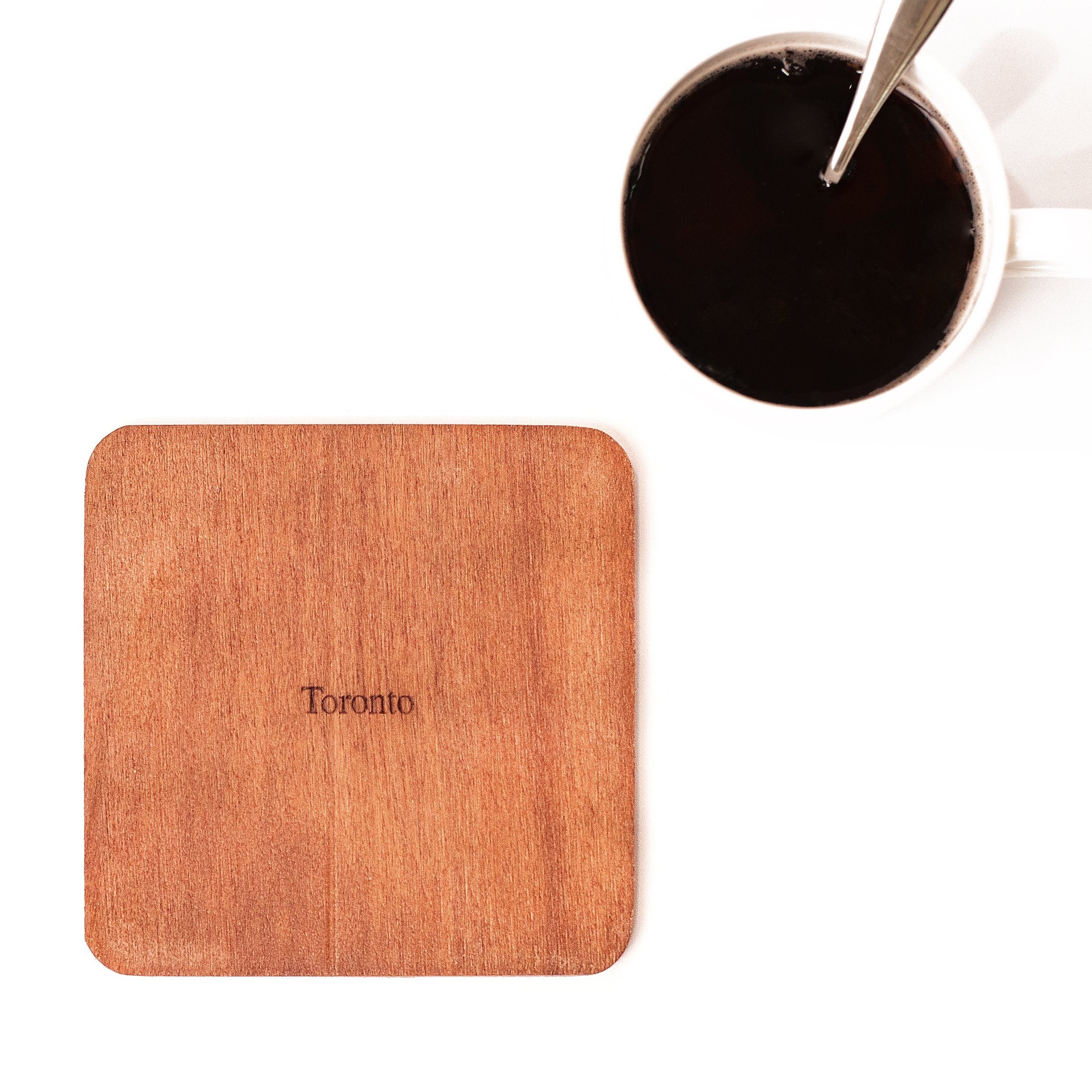 Toronto Map Coaster By O3 Design Studio, Set Of 4, Sapele Wooden Coaster With City Map, Handmade