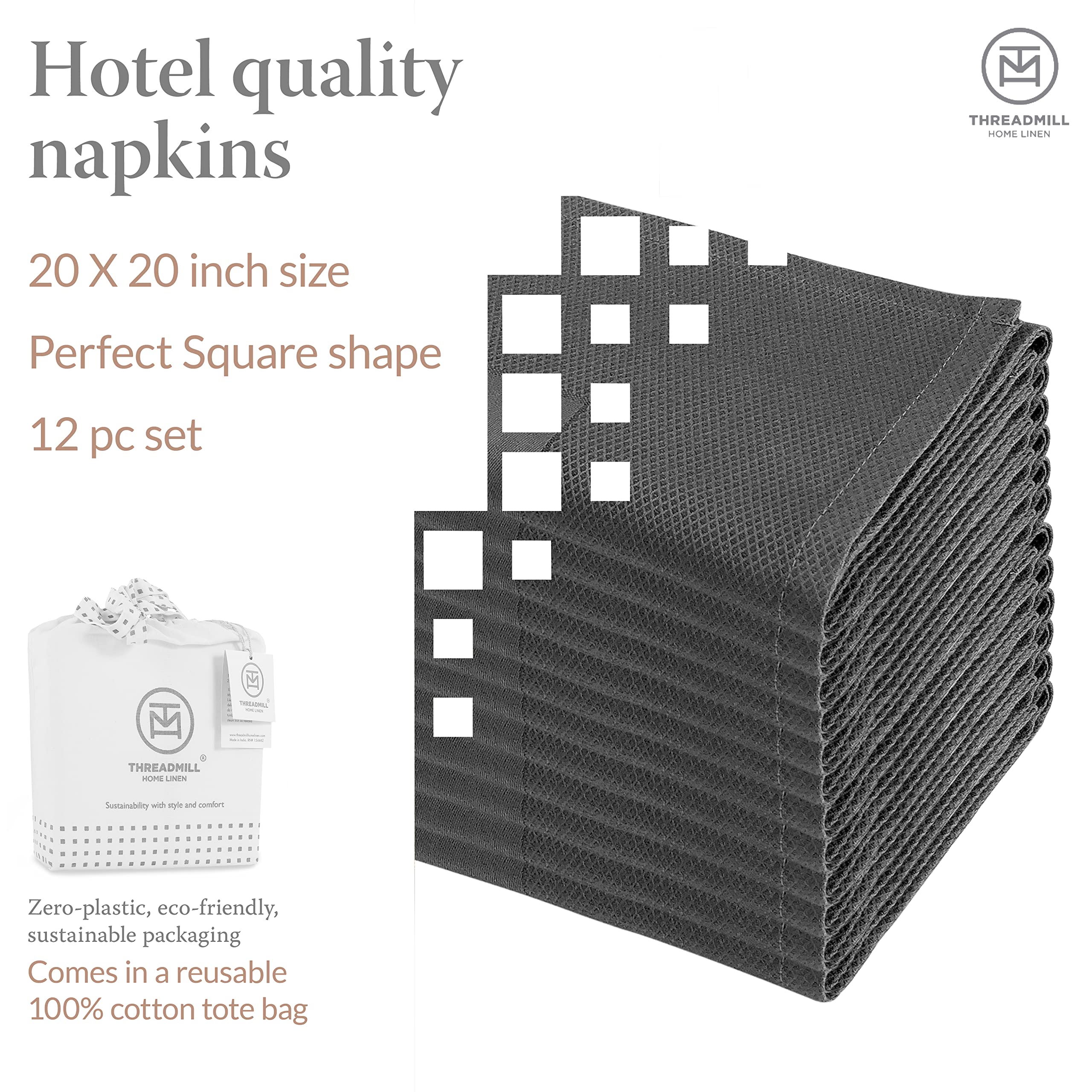 Threadmill Dark Grey Cloth Napkins Set Of 12 Cotton, Reusable 20 X 20 Inch Jacquard Napkins Cloth Washable, Dinner Napkins Perfe