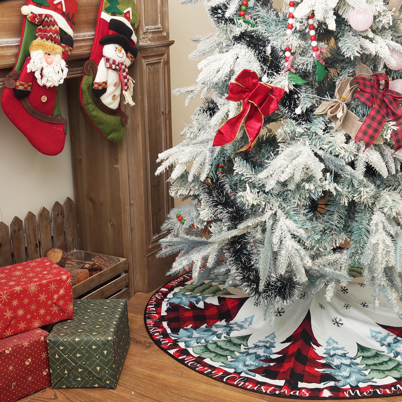 CROWNED BEAUTY Christmas Tree Skirt Collar 48 Inch Pine Trees Red Plaid Soft Farmhouse Holiday Decoration (Red Plaid) TS41