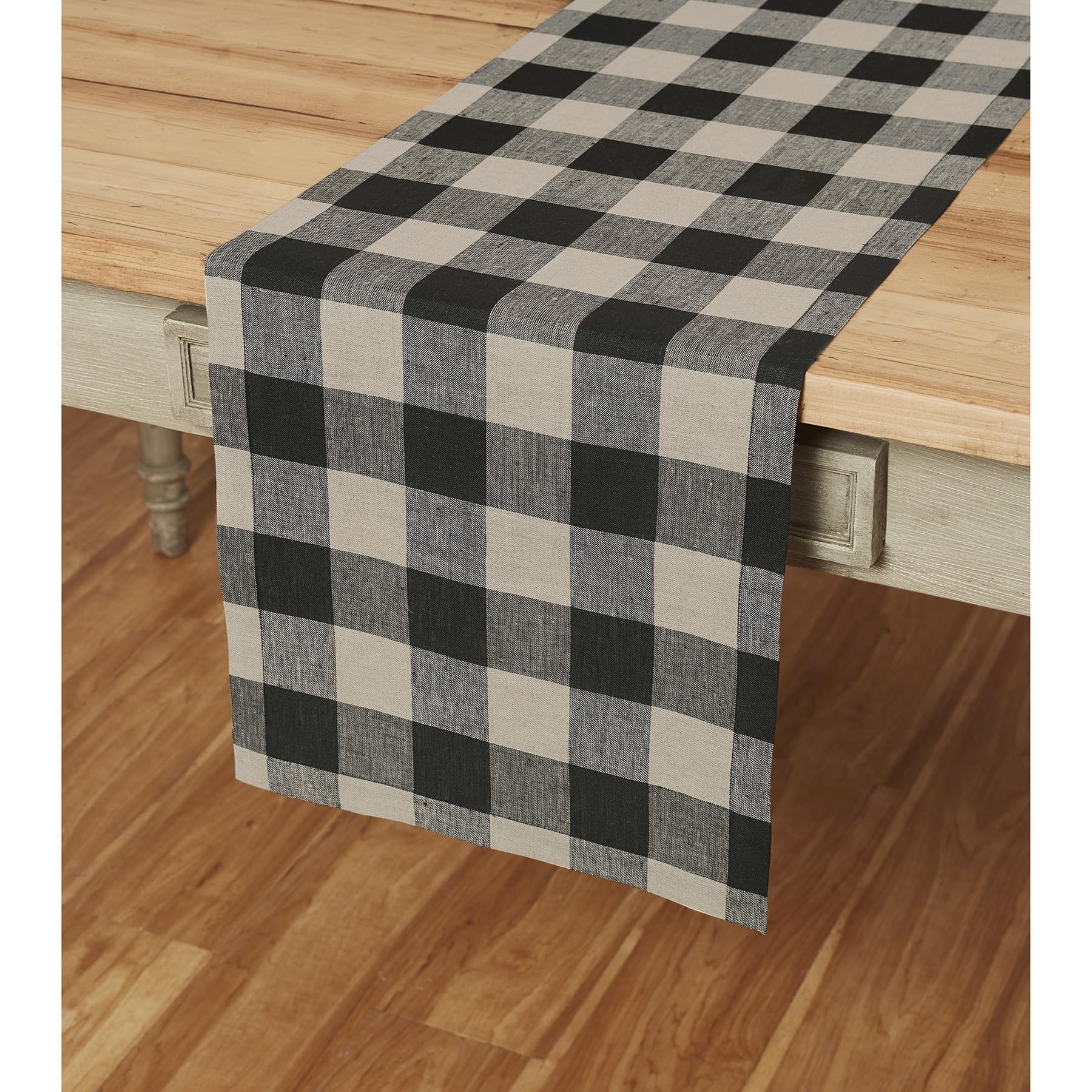 Solino Home Buffalo Check Linen Table Runner 144 Inches Long - 100% Pure Linen Natural And Black Plaid Table Runner 14 X 144 Inc