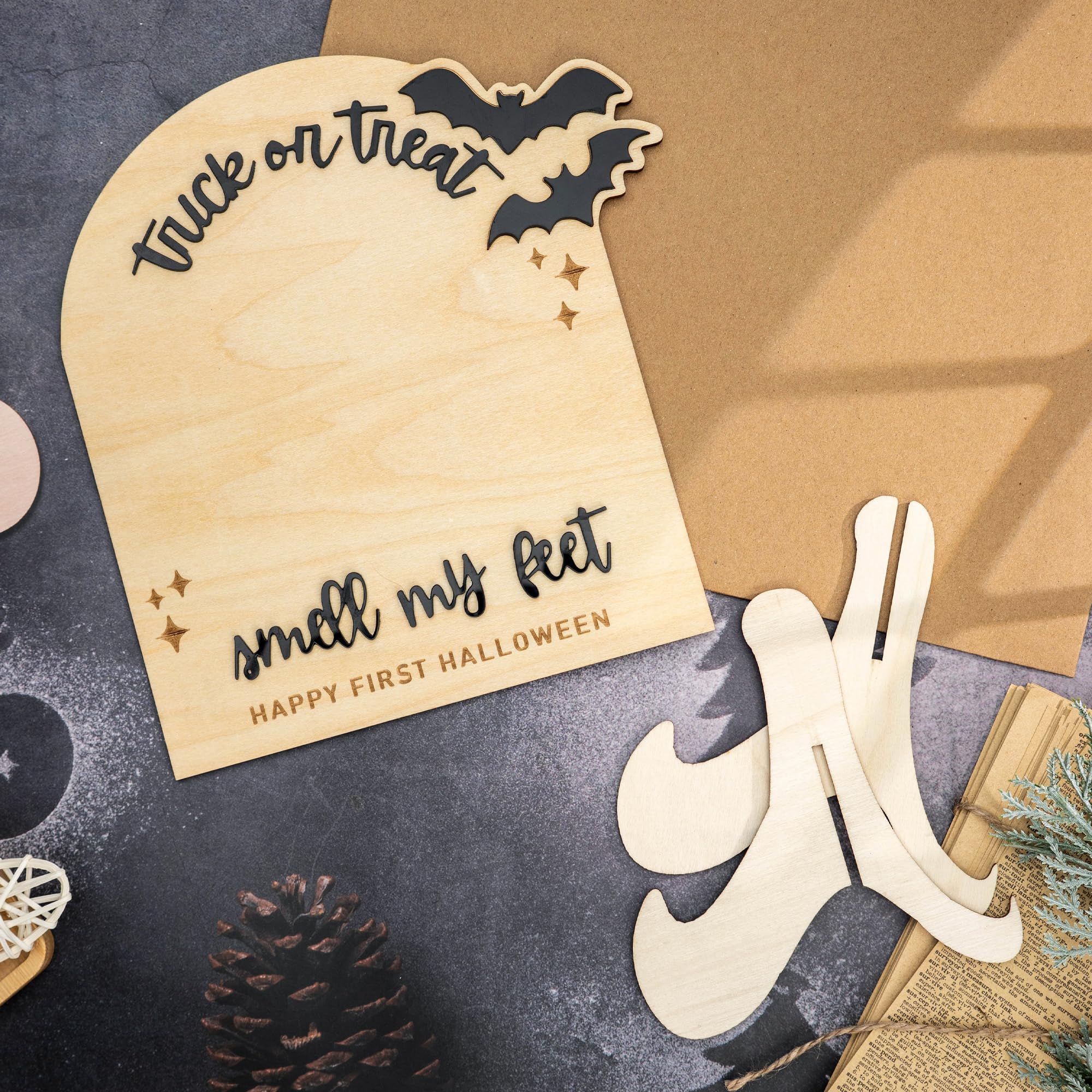 Babys First Halloween DIY Footprint Kit - Trick or Treat Wooden Milestone Card Keepsake Sign - Baby halloween Nursery Tabletop D