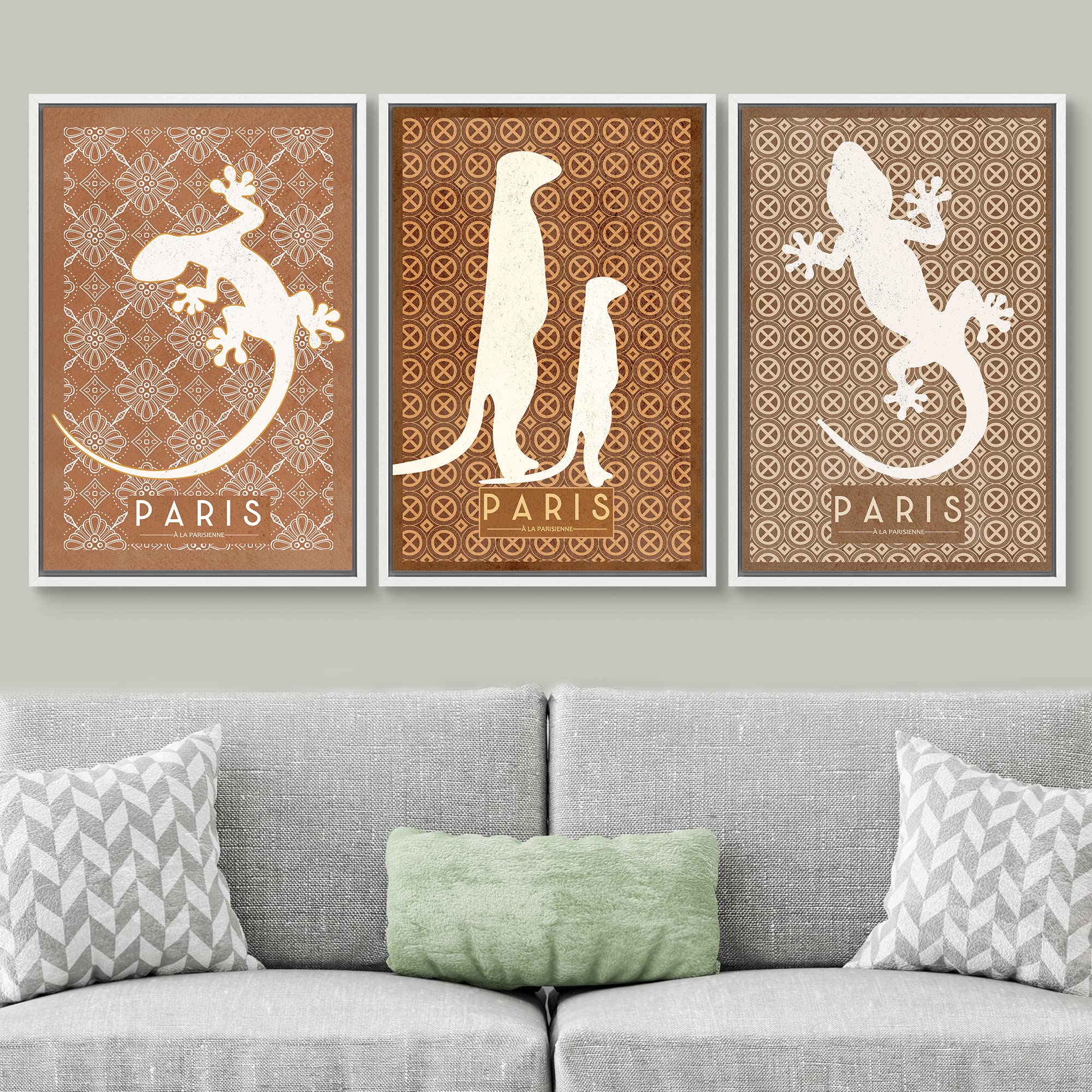 Signwin Framed Canvas Print Wall Art Set Paris France Meerkat Gecko Pattern Nature Animals Illustrations Modern Art Rustic Group
