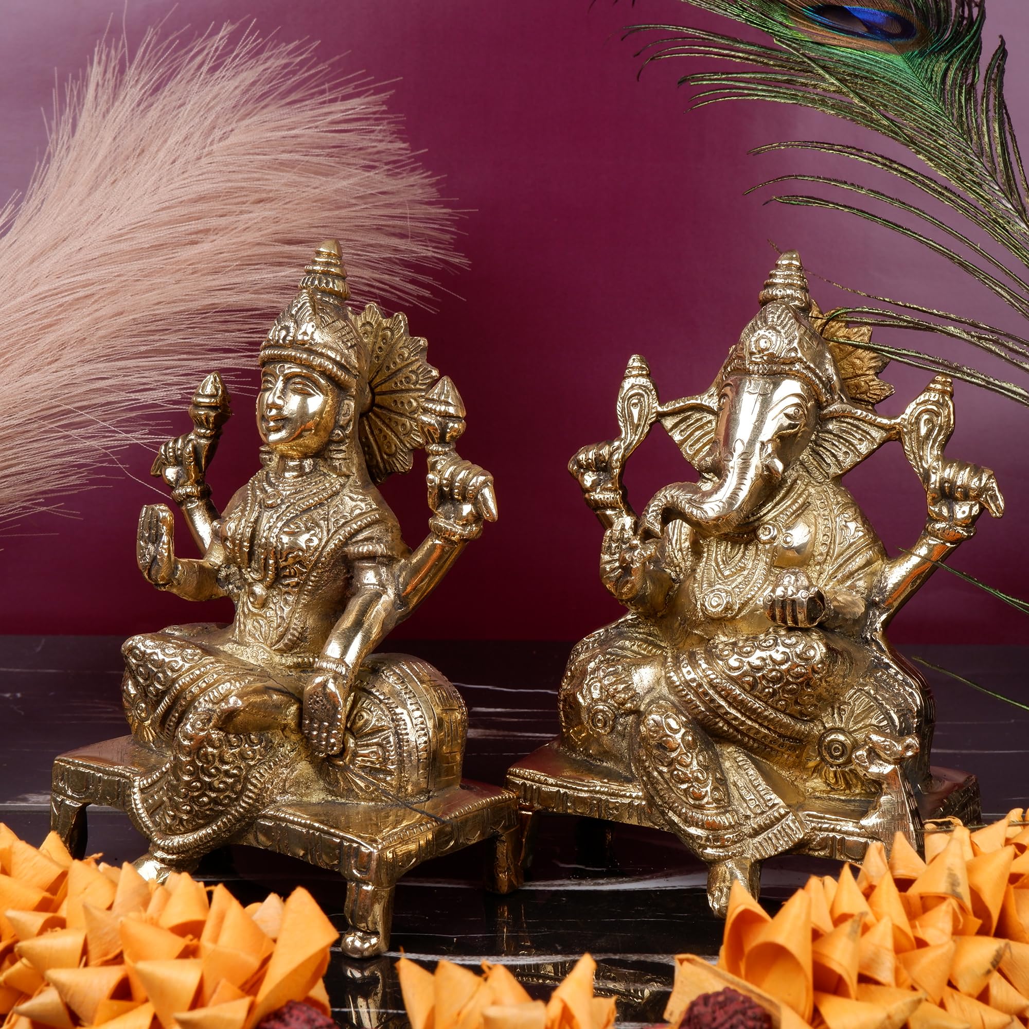 Shoppingrox Lakshmi Ganesh Set 17 Cm Religious Idol & Figurine Brass Metal Yellow Colour