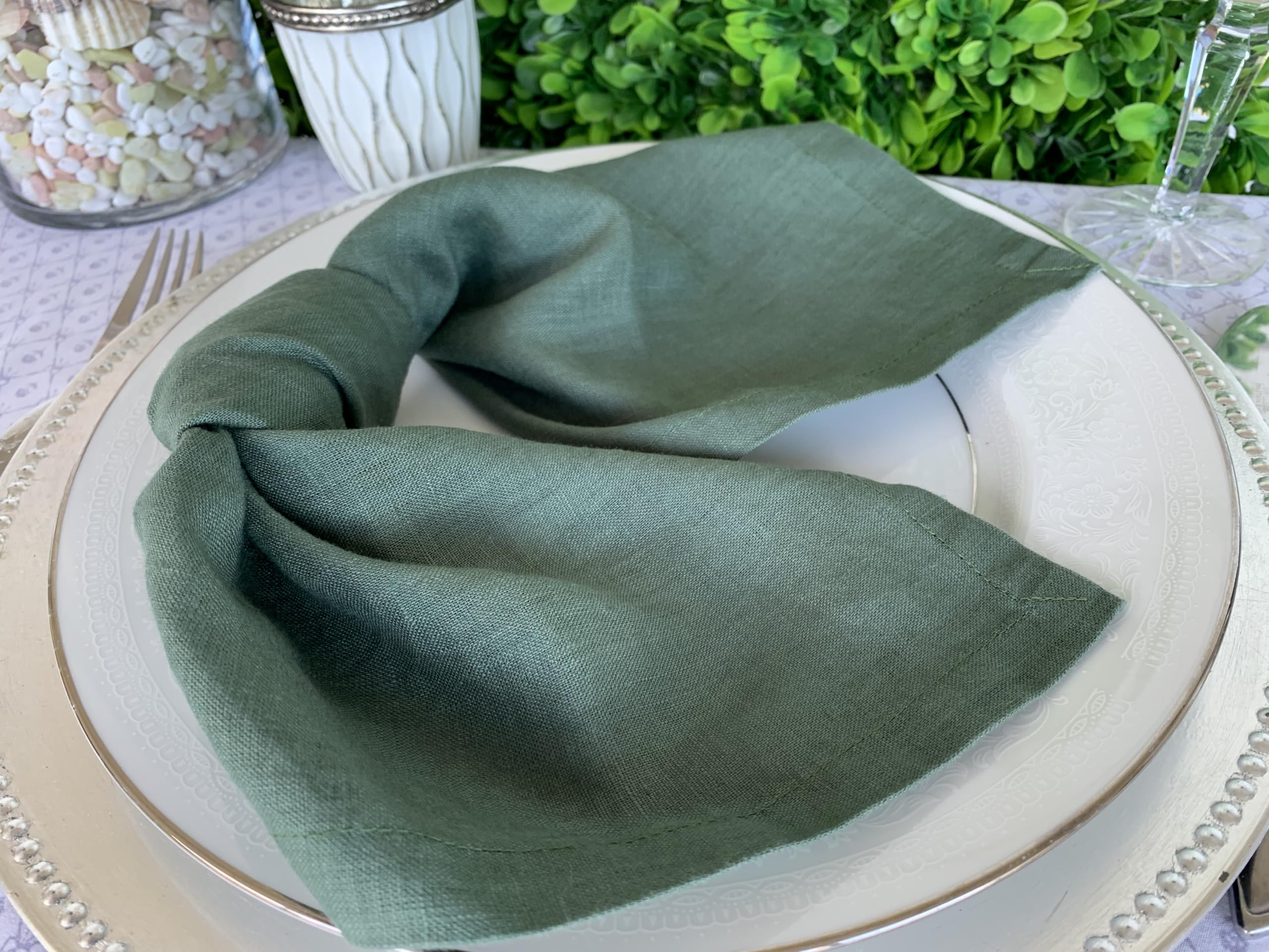 Linen Napkins -100% French Flax - Stonewashed Pure Linen Cloth Napkins - Size 18 Inch X 18 Inch - Set Of 4 (Soft Rustic Green)