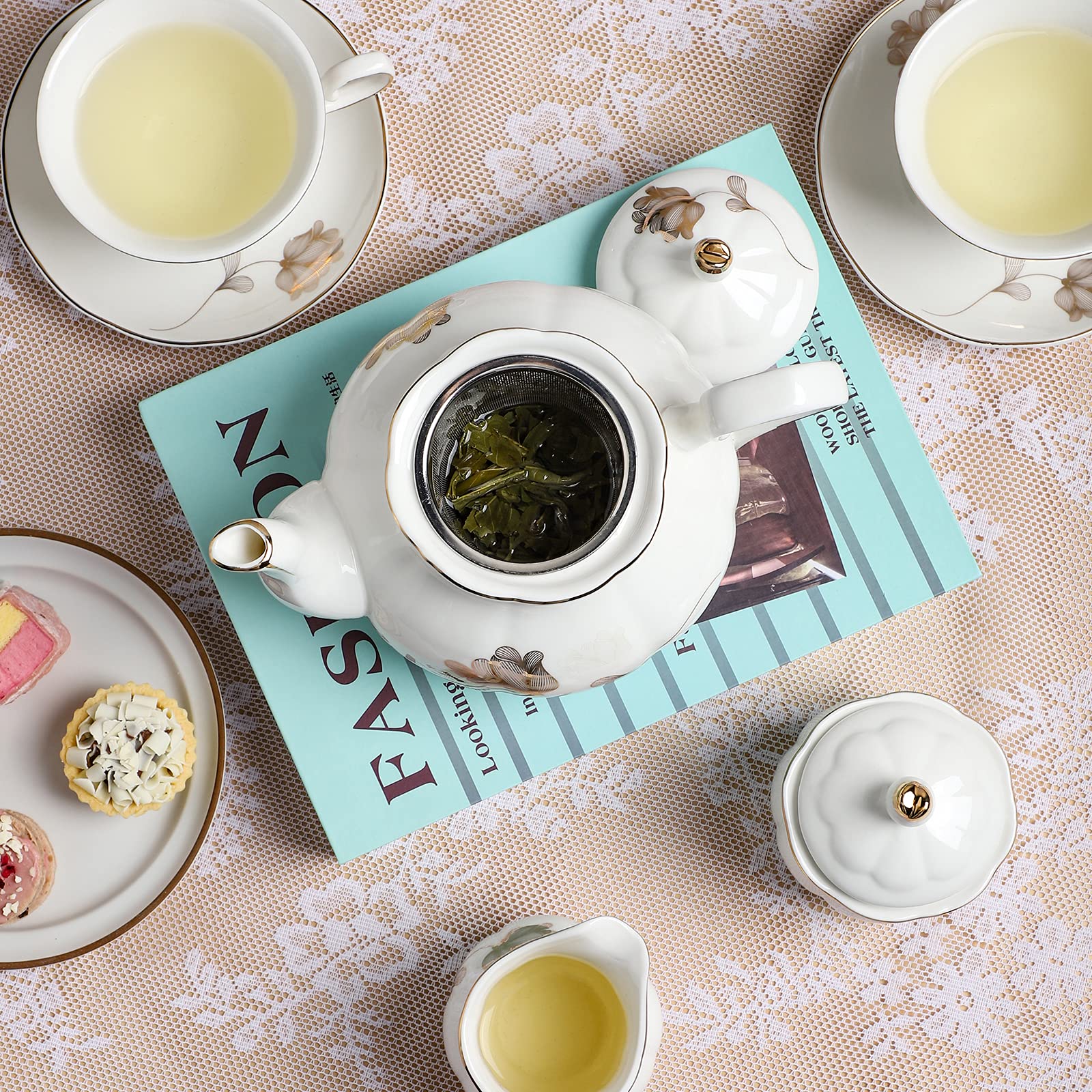 Chenp.Hmc Porcelain Ceramic 22-Piece Tea Set, Teapot And Cup Set, 30.7 Ounces, For 6, Gift Sets, Tea Or Coffee Lovers, Wedding,
