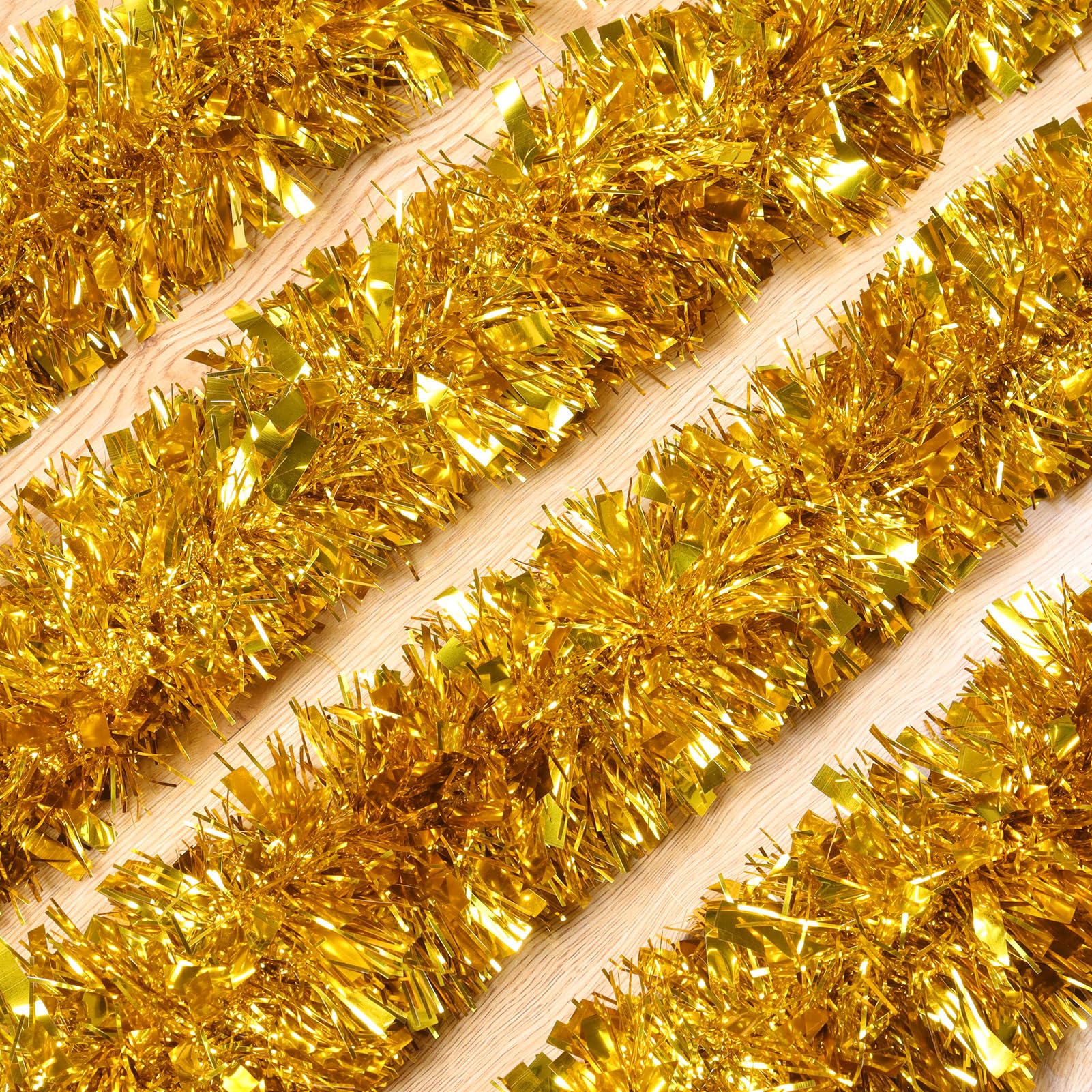 50Ft Gold Christmas Garland Decorations,Xams Tinsel Stems Non-Lit Soft Twist Garland Decor for Tree Stairs Railing Front Door Ma