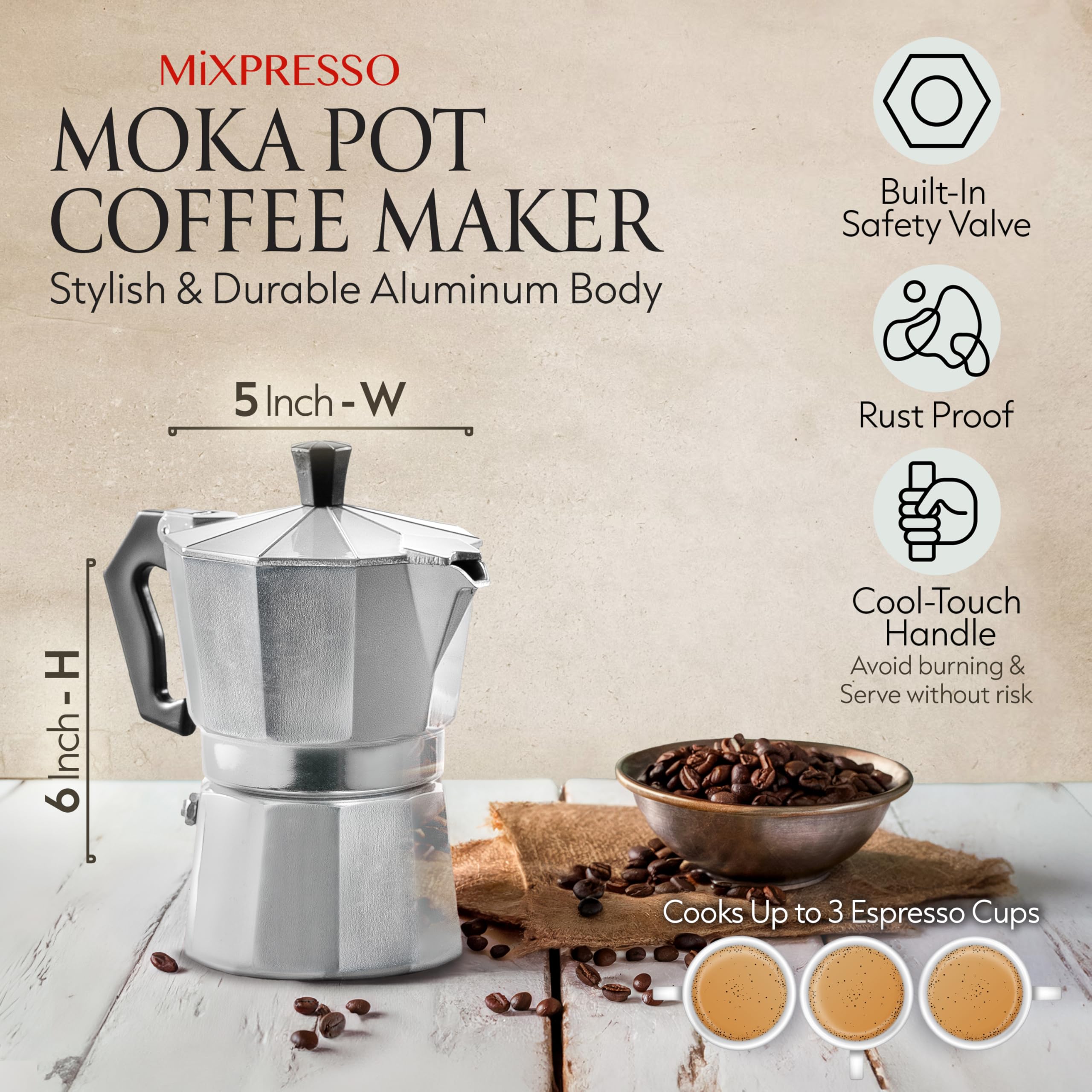 Mixpresso 3 Cup Moka Pot Espresso Cuban Coffee Maker, Moka Pot Coffee Maker For Gas, Electric Stove Top, Classic Italian Coffee