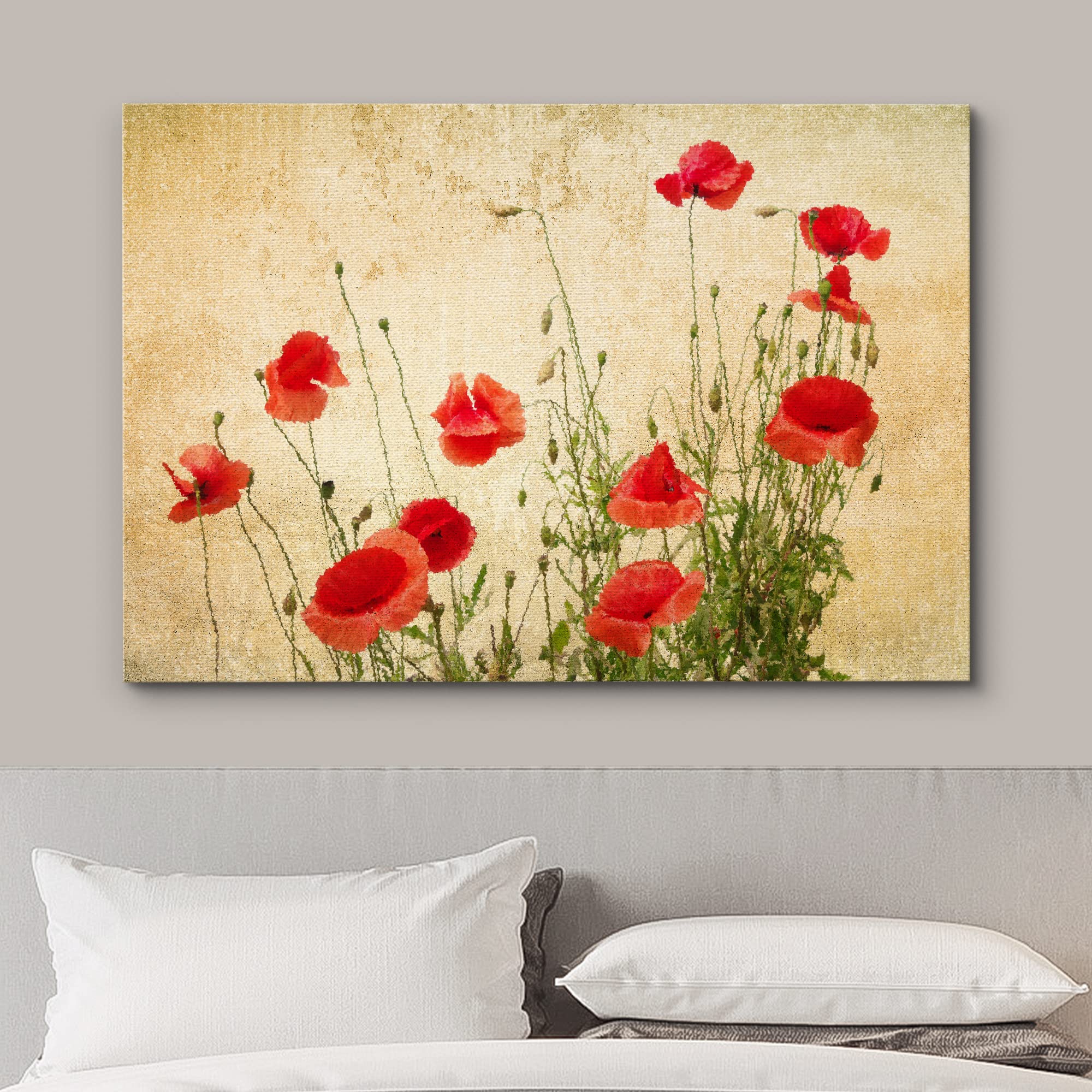 Wall26 - Canvas Wall Art - Red Poppy Flowers On Vintage Abstract Background - Gallery Wrap Modern Home Art | Ready To Hang - 16X