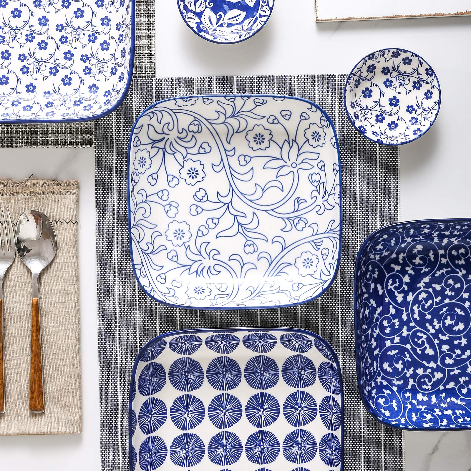Selamica Porcelain 8-inch Square Dinner Plates  Salad Pasta Bowls  Set of 6  Vintage Blue