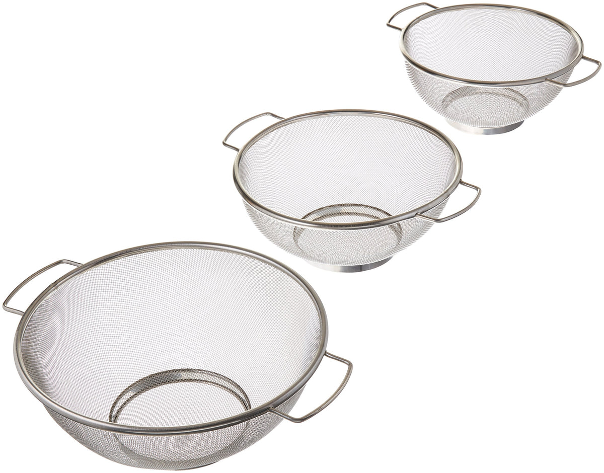 Excelsteel Fine Mesh Colander W/Resting Base, Dishwasher Safe Vegetables, Fruit 3 Piece Strainer Set, 8, 9, 10, Stainless Steel