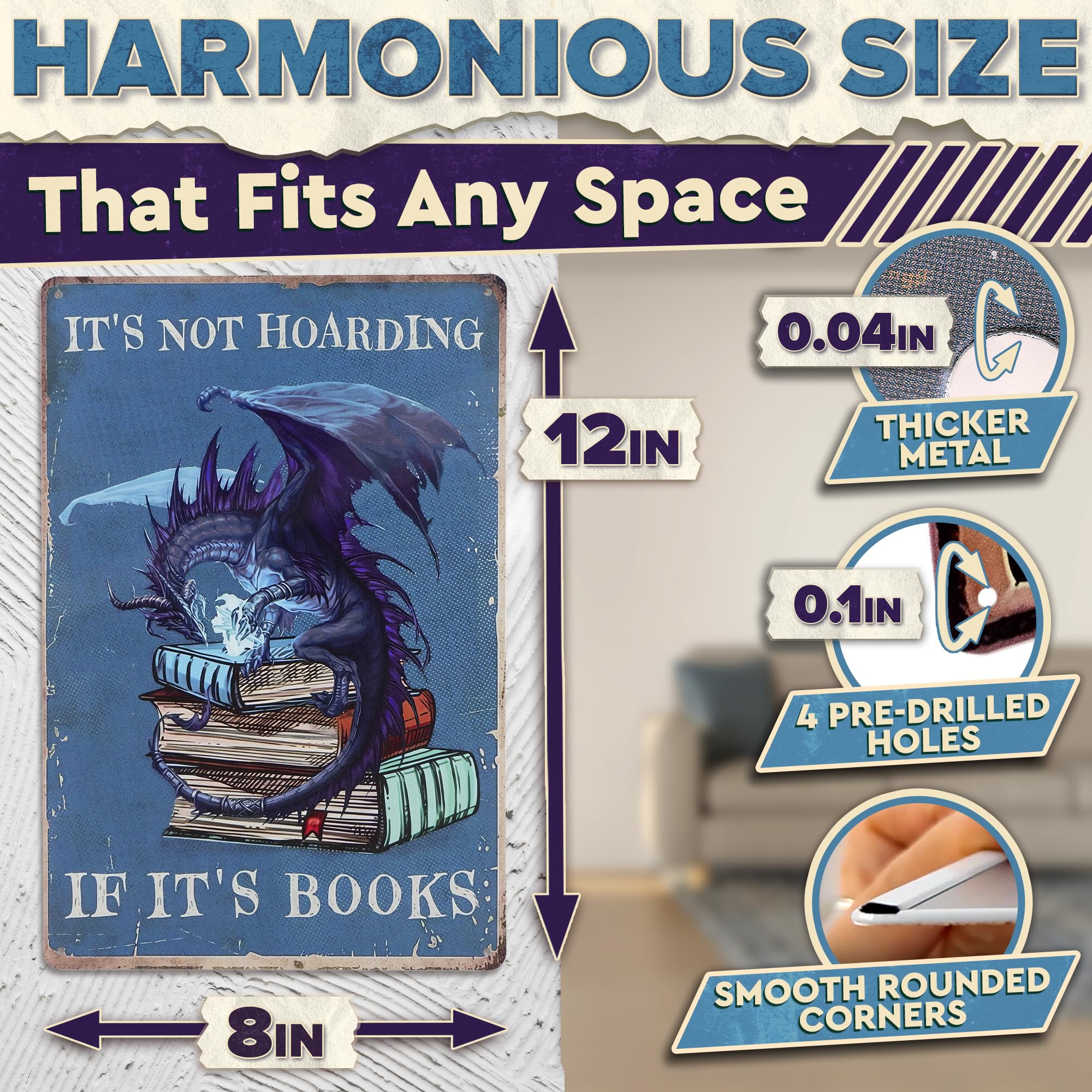 It's Not Hoarding If It's Books Metal Sign - Dragon Wall Art, Durable Non-Fade Tin Sign, Funny Vintage Dragon Wall Decor 8x12, G