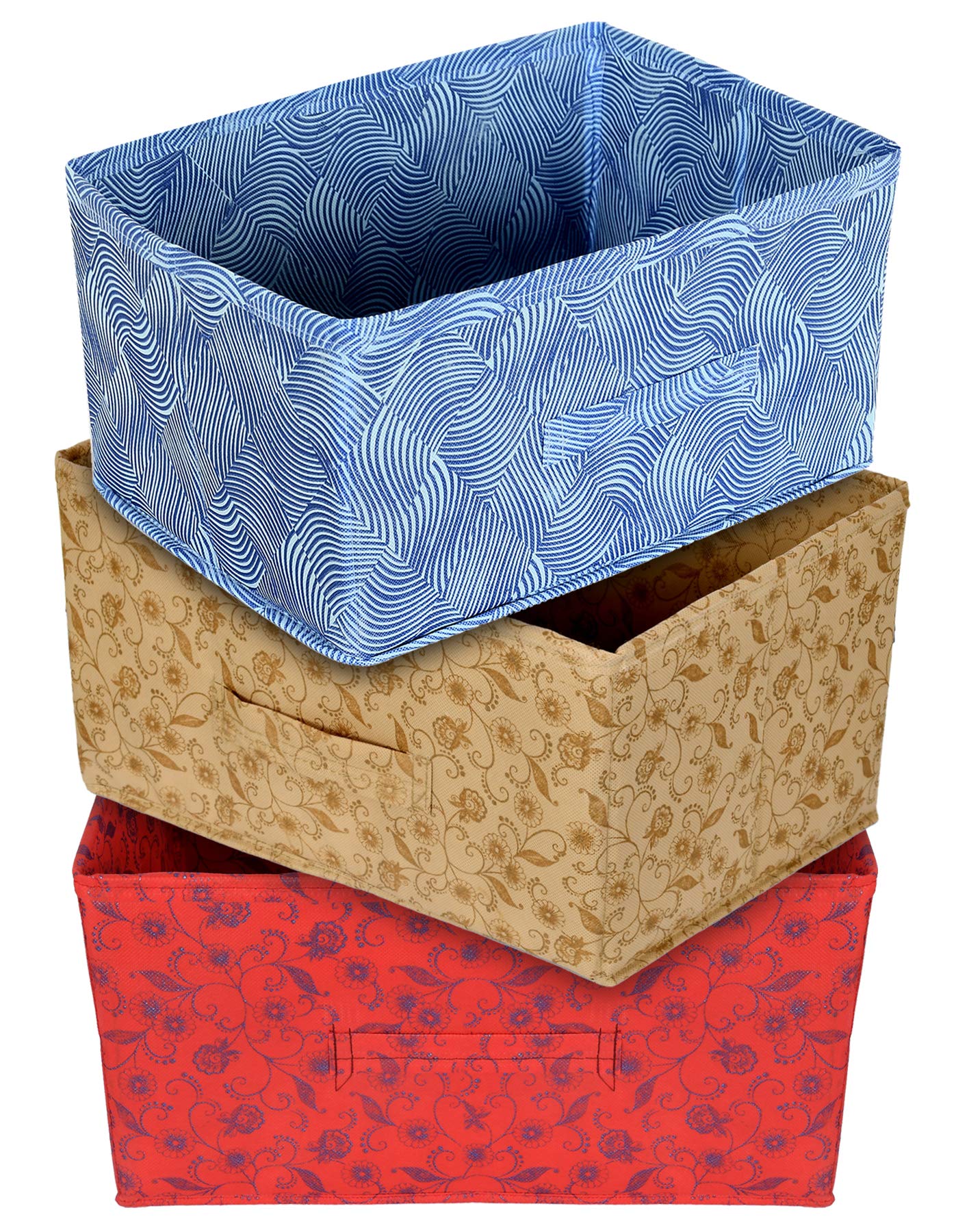Kuber Industries Laheriya Metallic Print Rectangular Non Woven Fabric Modular Closet Organizer Box With Handle (Blue & Red & Bei