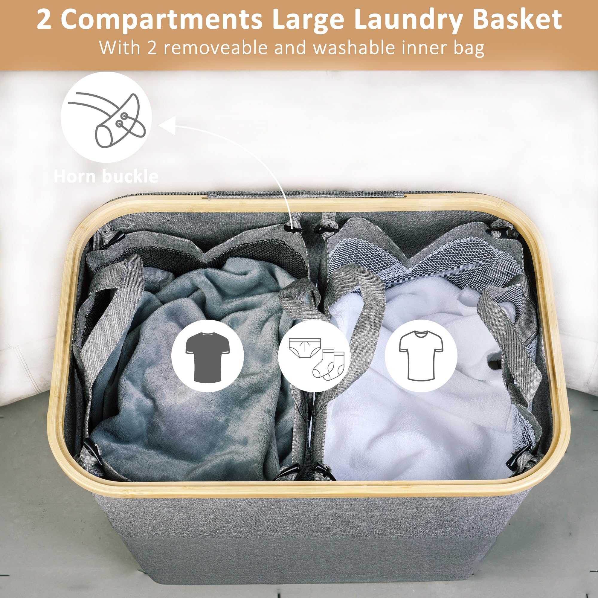 iEGrow 150L Laundry Hamper with Lid-Large Laundry Basket with Bamboo Handles  Grey Hampers for Laundry  Dirty Clothes Hamper with 2 Removable Inner Bags for Clothes Toys Towels