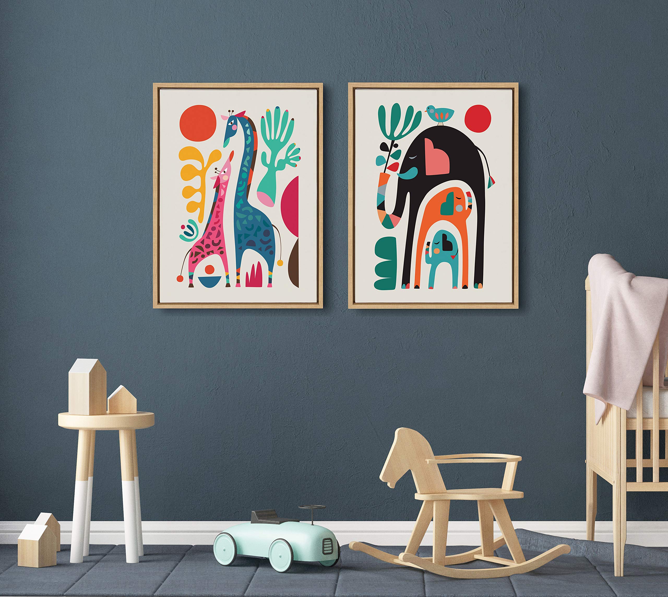 Kate And Laurel Sylvie Three Elephants Framed Canvas Wall Art By Rachel Lee Of My Dream Wall, 18X24 Natural, Chic Abstract Anima