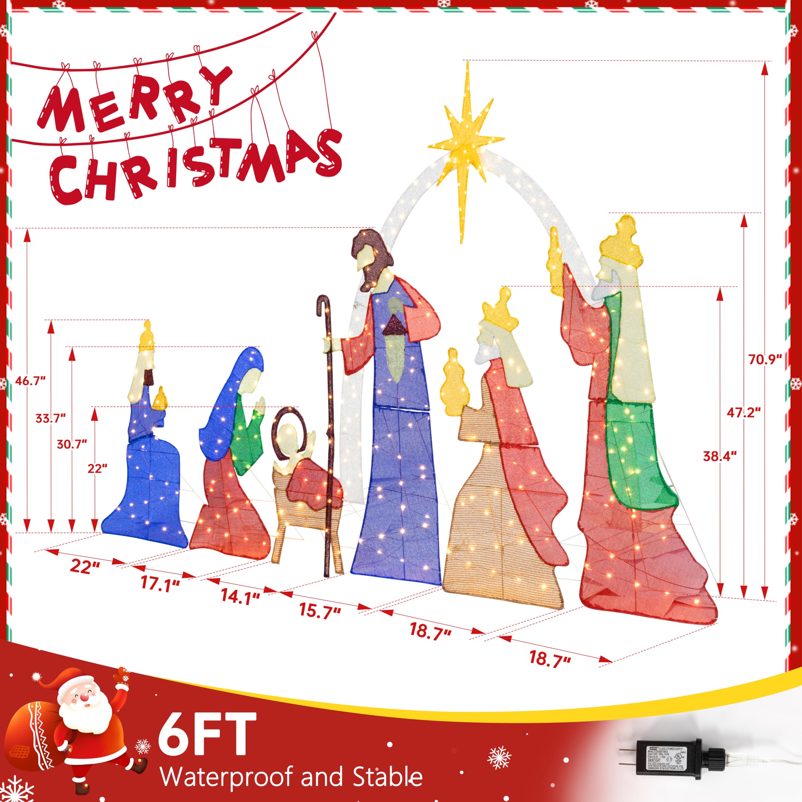 Meilocar 6 FT Christmas Outdoor Nativity Scene Set, 7pcs Weatherproof Holy Family Outdoor Decorations Nativity Set for Christmas