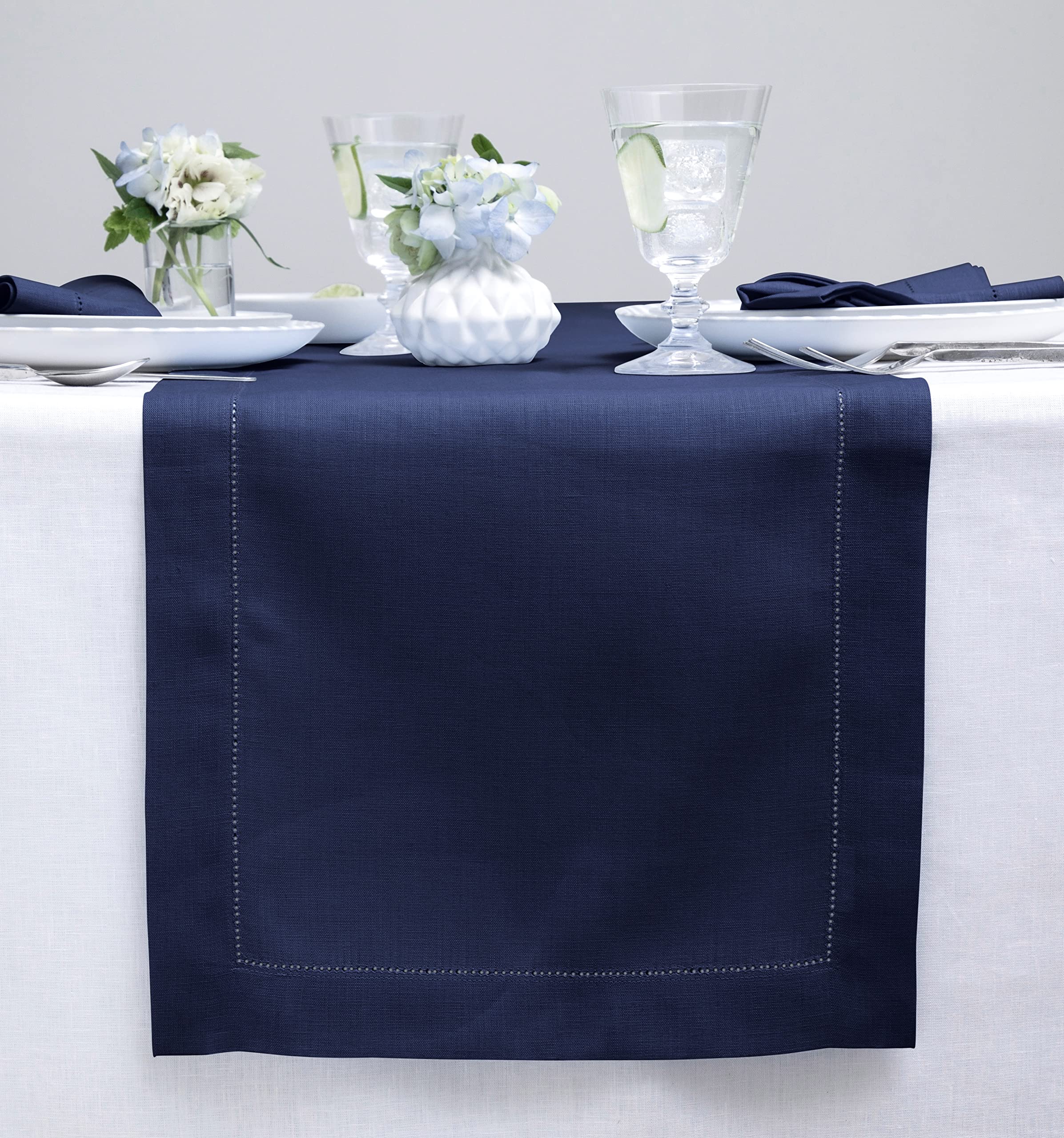 Solino Home Navy Linen Table Runner 48 Inch - 100% Pure Linen Classic Hemstitch Table Runner 14 X 48 Inch - Machine Washable Din
