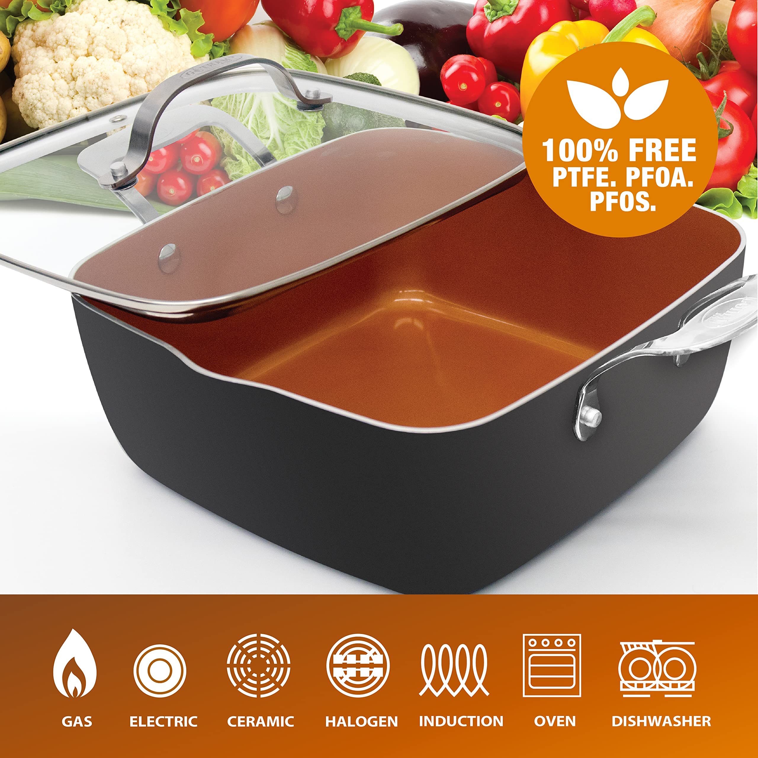 GOTHAM STEEL - 6 Quart XL Nonstick Copper Deep Square All in One 6 Qt Casserole Chefs Pan & Stock Pot- 4 Piece Set, Includes Fry