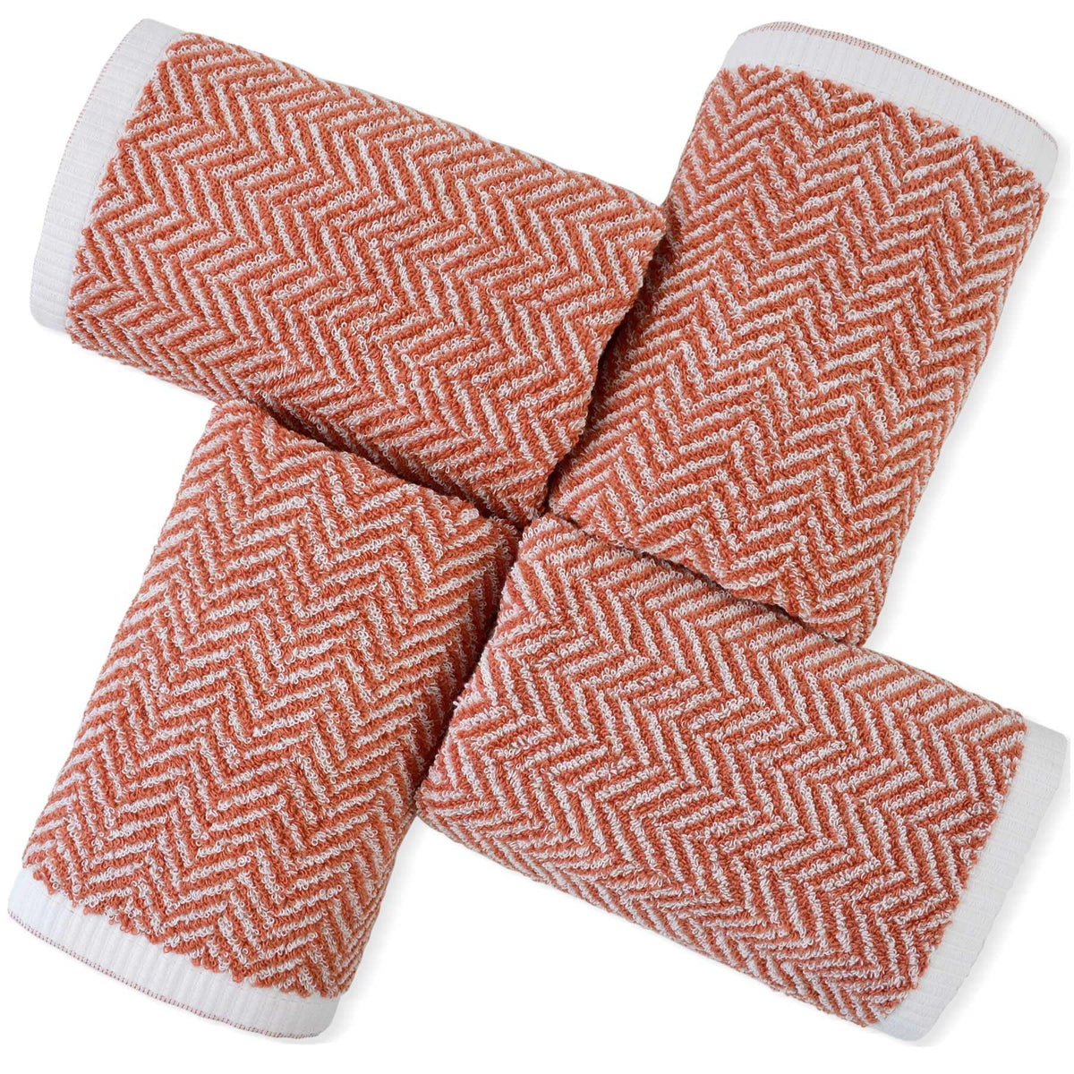 Coral Hand Towels For Bathroom With Herringbone Stripes, Stylish 100% Ctton Hand Towel Set Of 4, Ultra Soft And Highly Absorbent