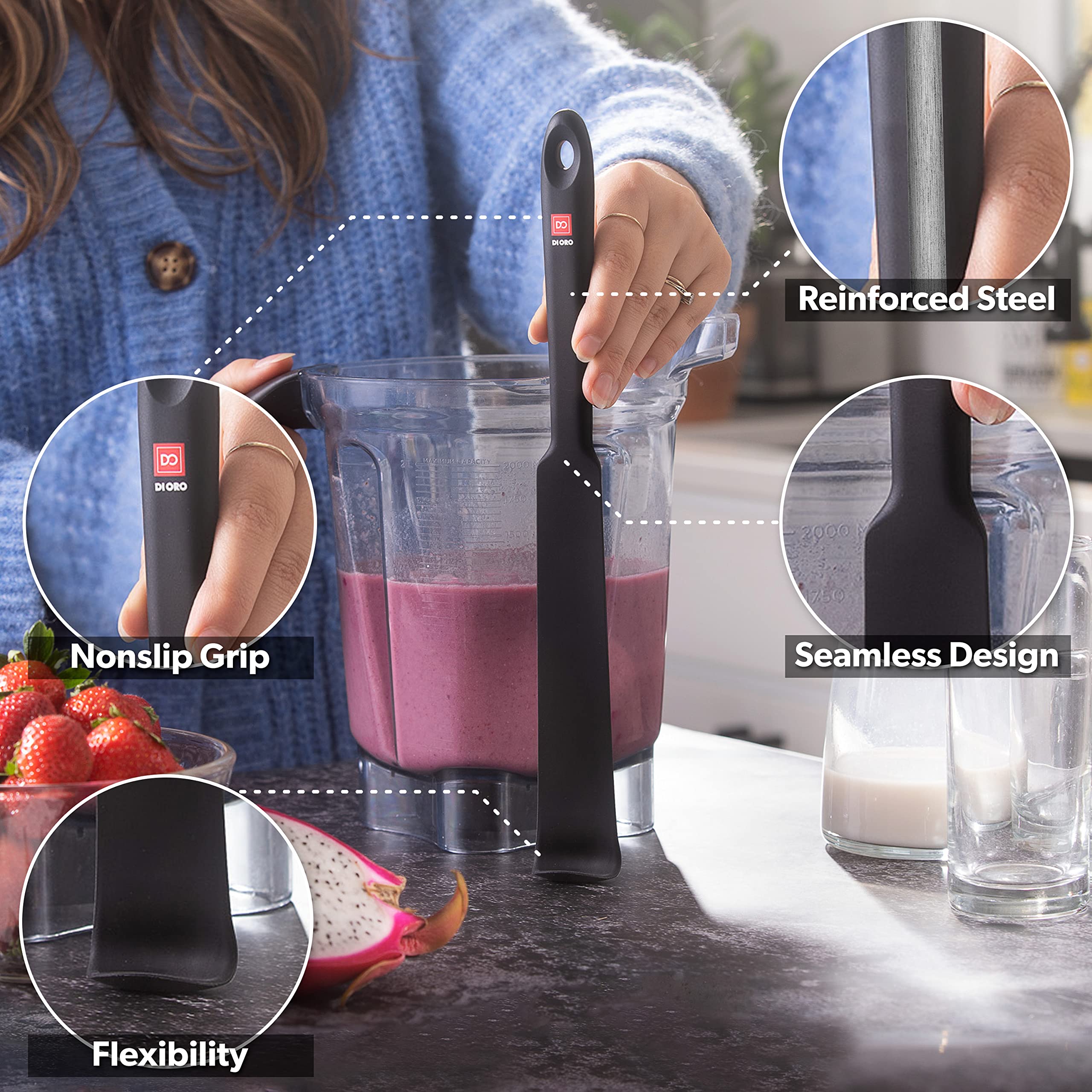 Di Oro Silicone Blender & Jar Spatulas - Rubber Spatulas Silicone Heat Resistant - Kitchen Spatulas Nonstick Cookware Safe - Sil