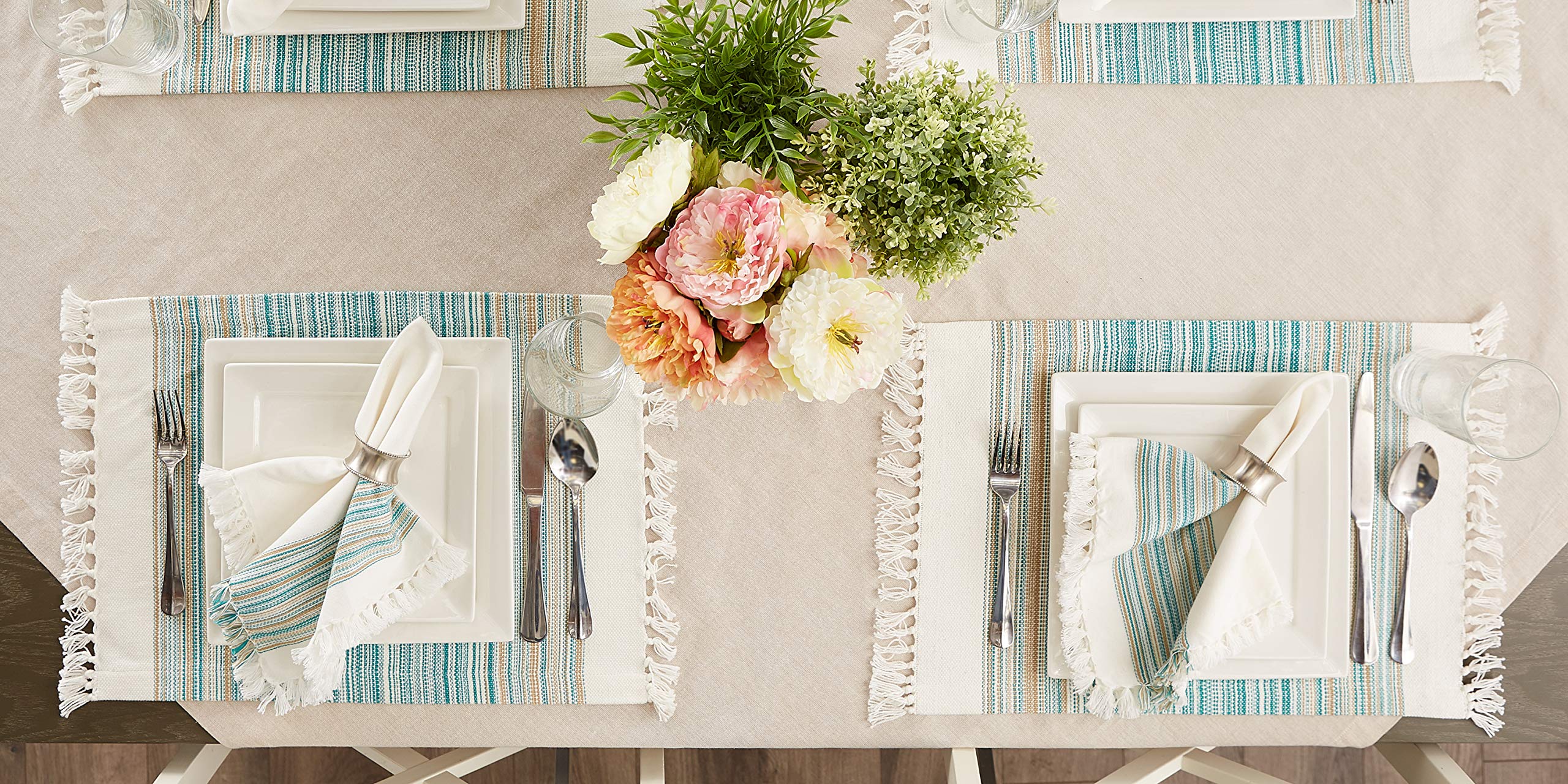 DII Everyday Collection  Fringed Stripe Tabletop  Placemat Set  Teal  6 Piece