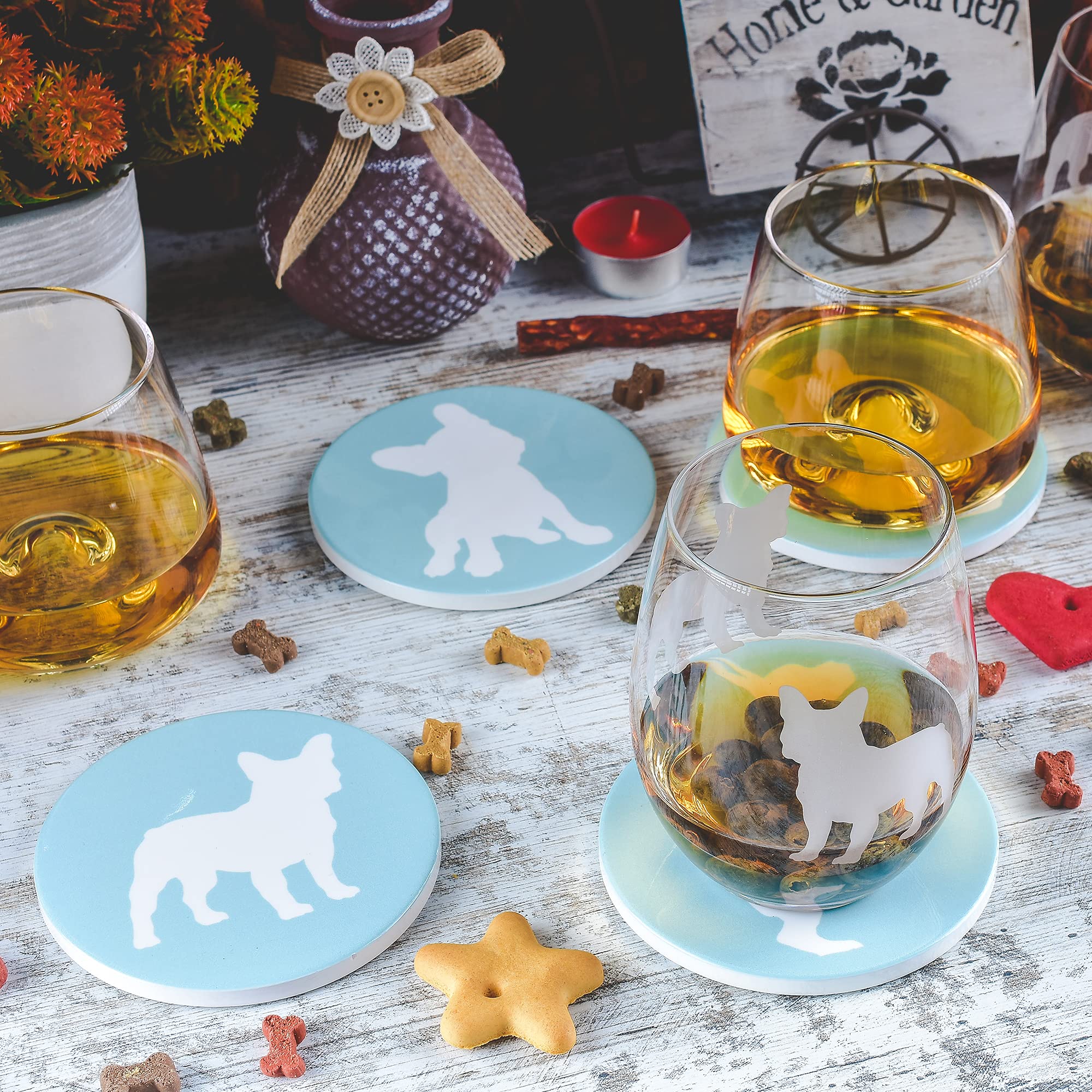 Greenline Goods French Bulldog Lovers Ceramic Drink Coasters - Set of 4 Frenchie Dog Coasters with Protective Cork Bottom and Metal Stand - French Bulldog Decor for French Bulldog Moms & Dads