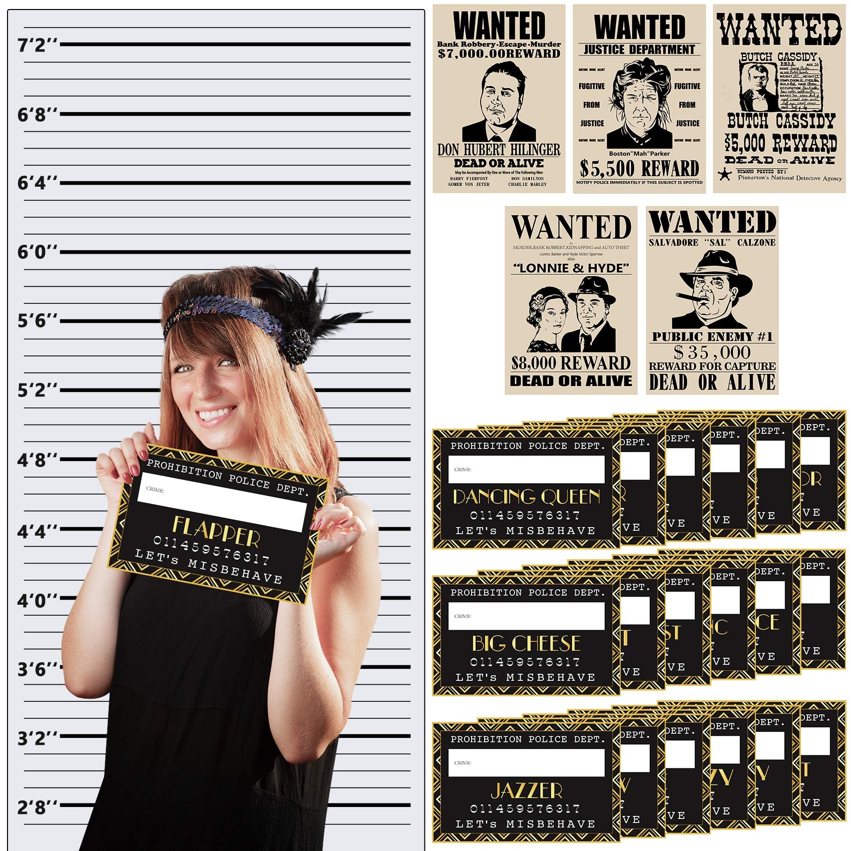 Roaring 20S Mug Shot Photo Booth Props, Height Chart Backdrop, Wanted Sign Posters Pack 26-Count
