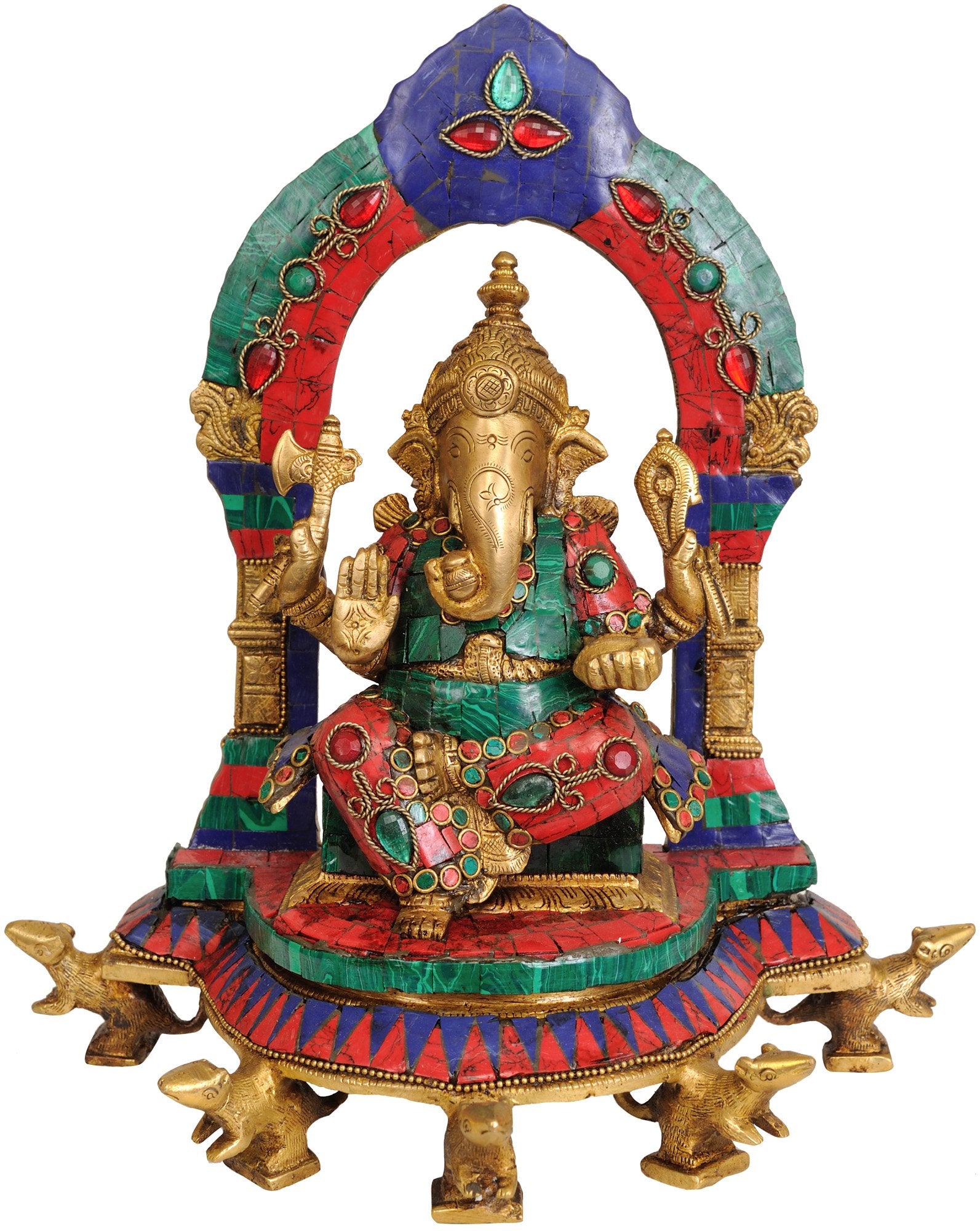 Idol Collections Brass Lord Ganesha Ganesh Murti Idol Statue Seated On Throne Supported By Five Rats With Ornate Aureole Height 