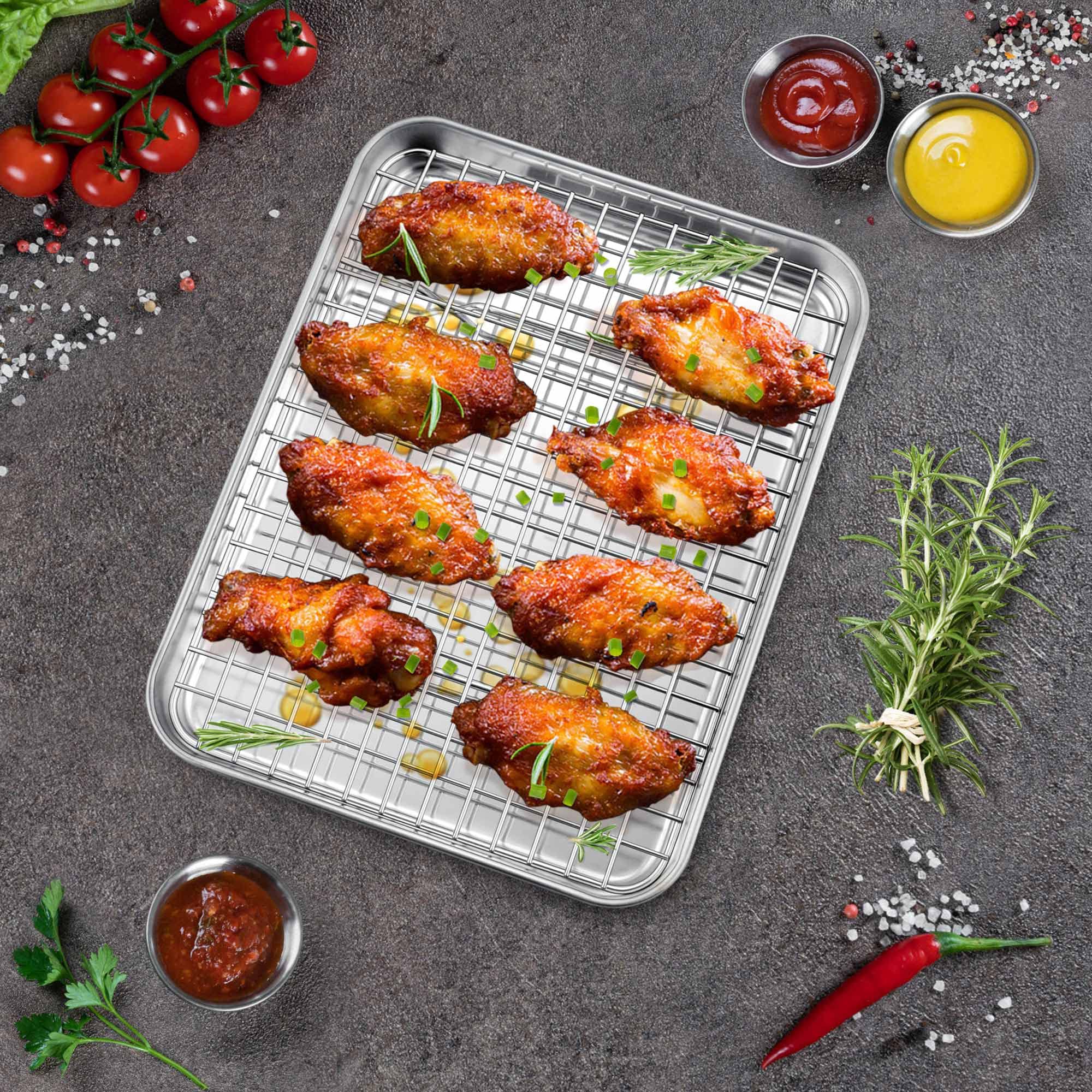 10.4 Inch Toaster Oven Pan With Rack Set, P&P Chef Stainless Steel Small Baking Pan Tray And Grid Cooling Rack For Cooking/Roast