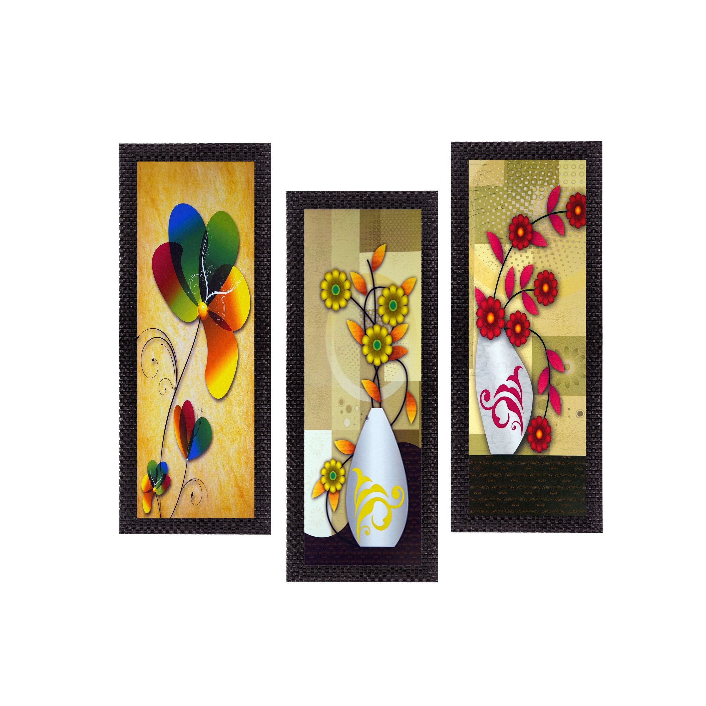 Ecraftindia Botanical Floral Pots Uv Art Painting (Synthetic Wood, 53 Cm X 41 Cm, Set Of 3, Satin Matt Texture, C3Fpb2161)