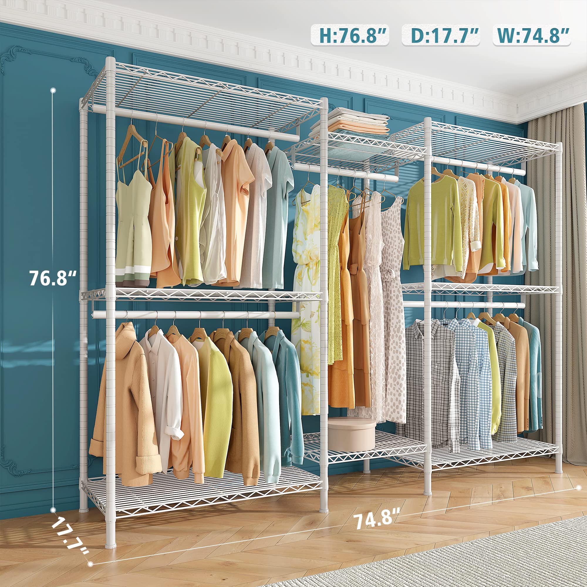 Raybee Heavy Duty Metal Clothes Rack, 830 Lbs Capacity, 74.8 In W X 17.7 In D X 76.8 In H, White