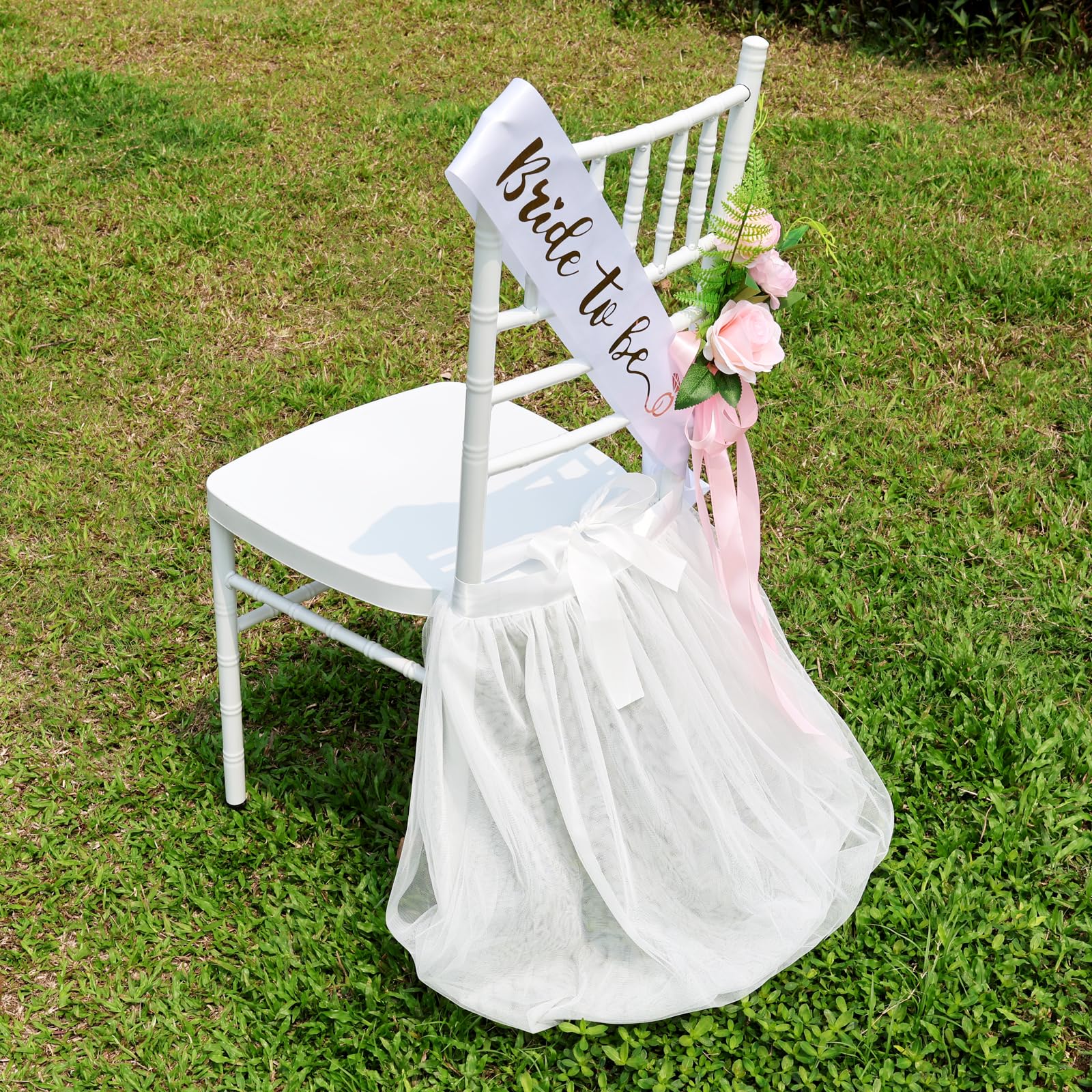 Chair Tulle Tutu Decoration With Sash For Bridal Shower, White Tulle Chair Skirt Fluffy Bridal Chair Decor For Wedding Bridal Sh
