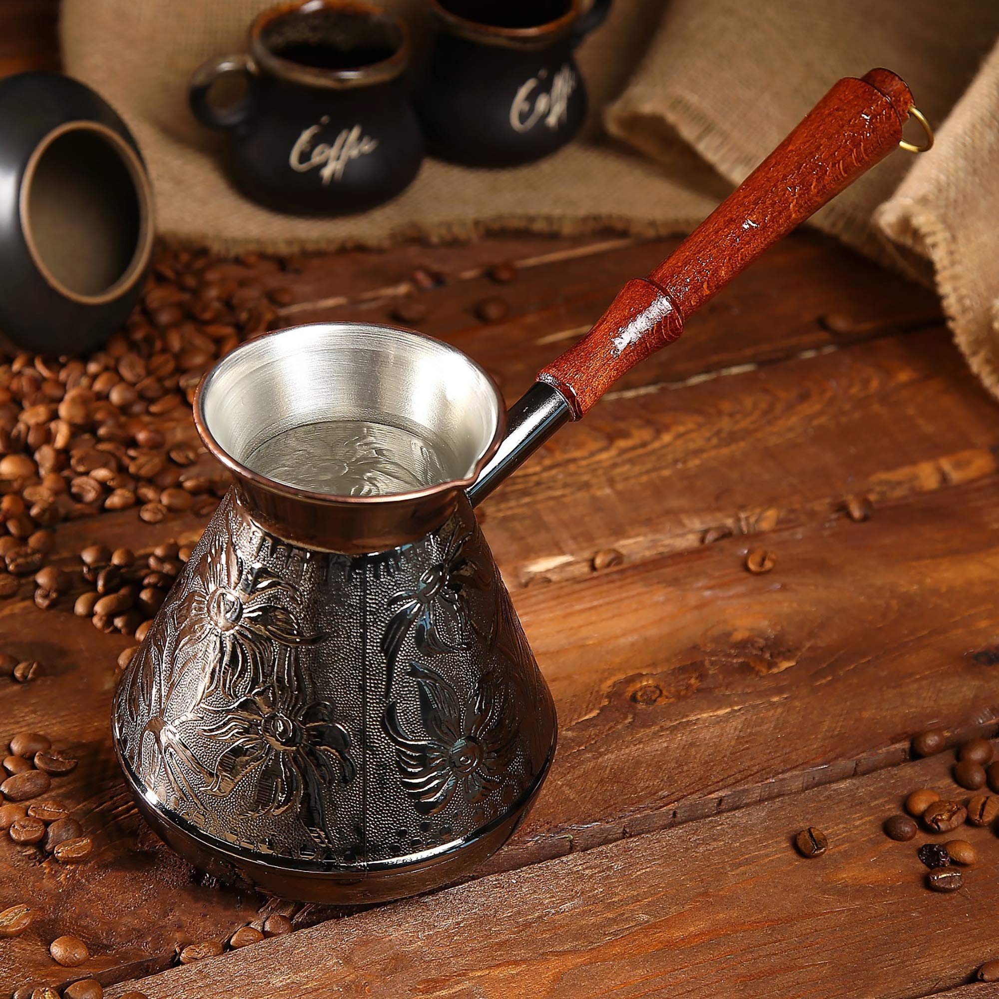 25 Oz Copper Turkish Greek Arabic Engraved Coffee Pot Stovetop Coffee Maker Cezve Ibrik Briki With Wooden Handle