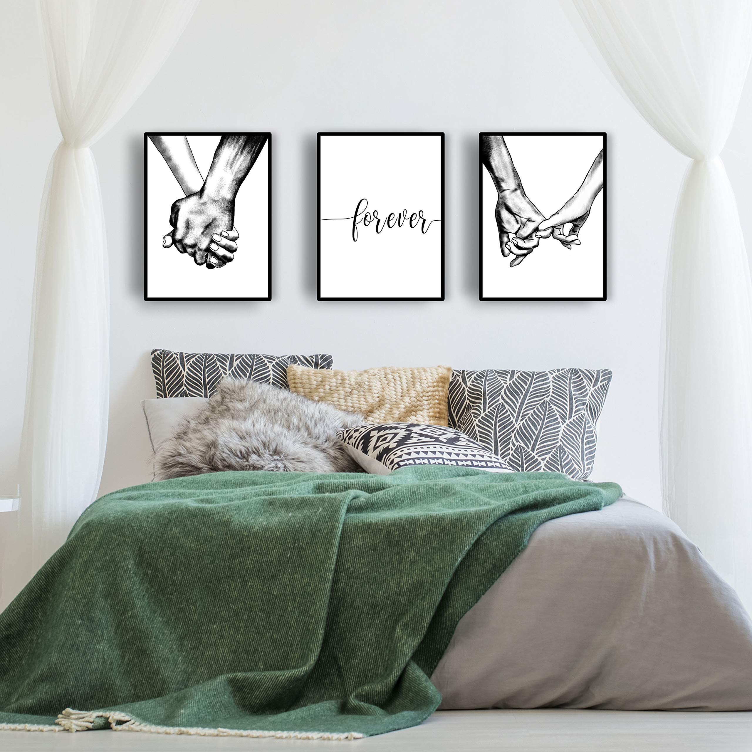 Hands Forever Framed Canvas Wall Art For Bedroom Ready To Hang 12''x16'' x3 Panels  Black Frame Prints for Couples Love Drawing Artwork Wall Pictures for Bedroom Decor  House Decorations Living Room